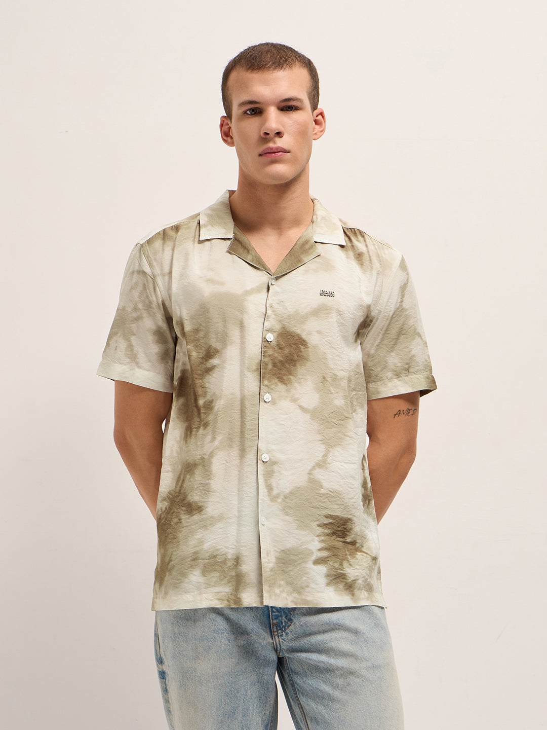 Beige Faded Abstract Print Relaxed Fit Cuban Collar Shirt by The Bear House