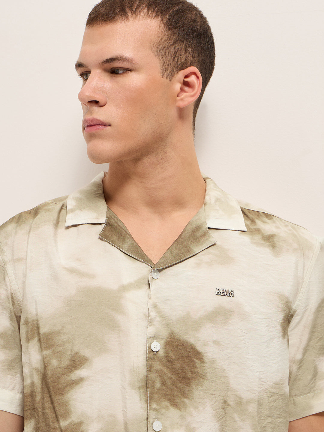 Beige Faded Abstract Print Relaxed Fit Cuban Collar Shirt by The Bear House