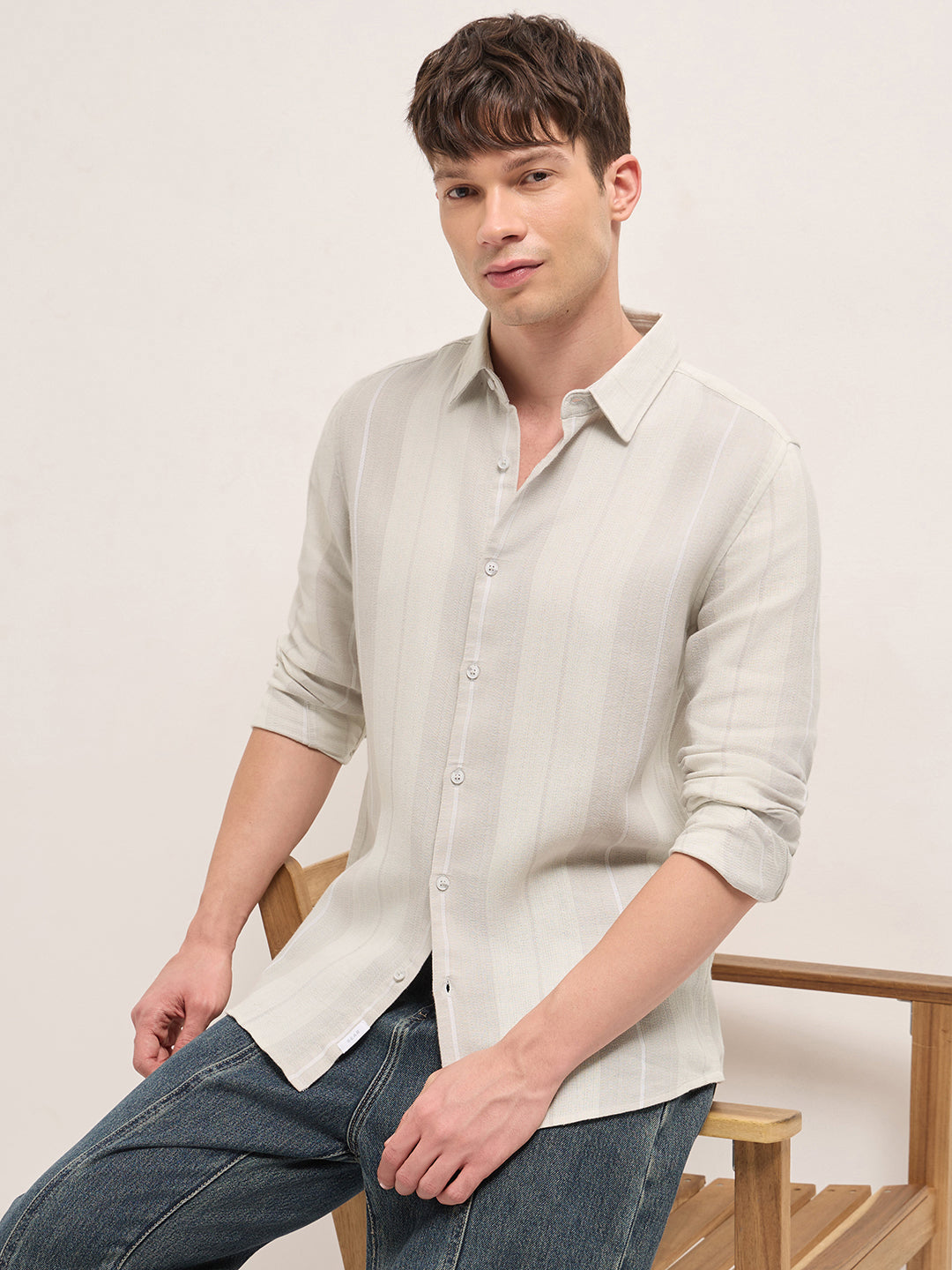 Green Woven Vertical Stripe Slim Fit Casual Shirt by The Bear House