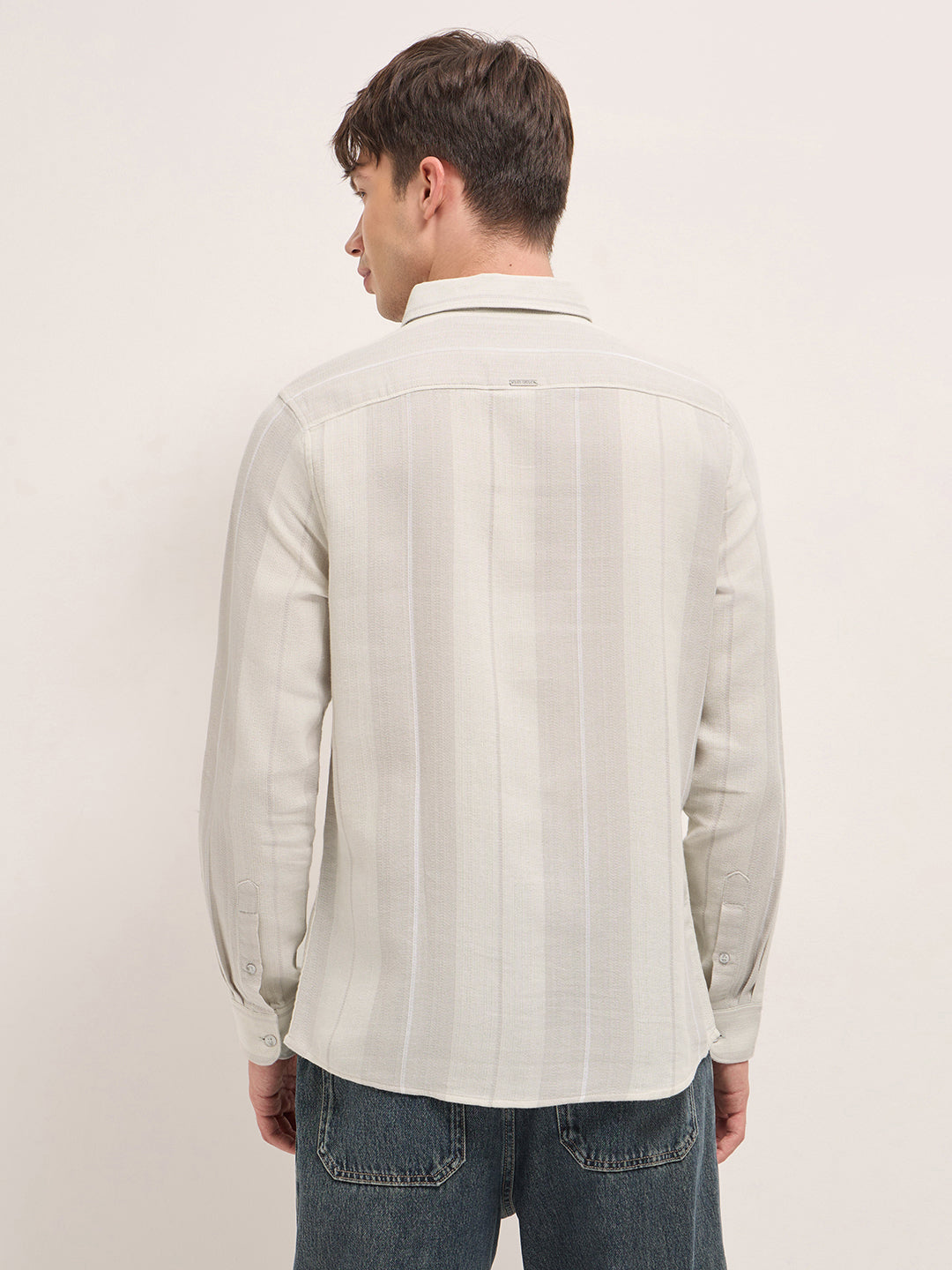 Green Woven Vertical Stripe Slim Fit Casual Shirt by The Bear House