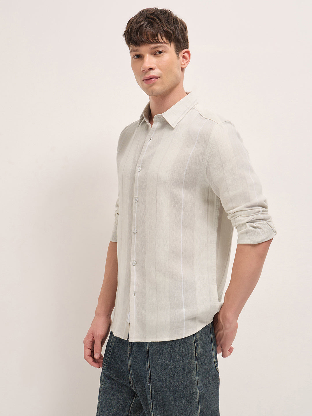 Green Woven Vertical Stripe Slim Fit Casual Shirt by The Bear House