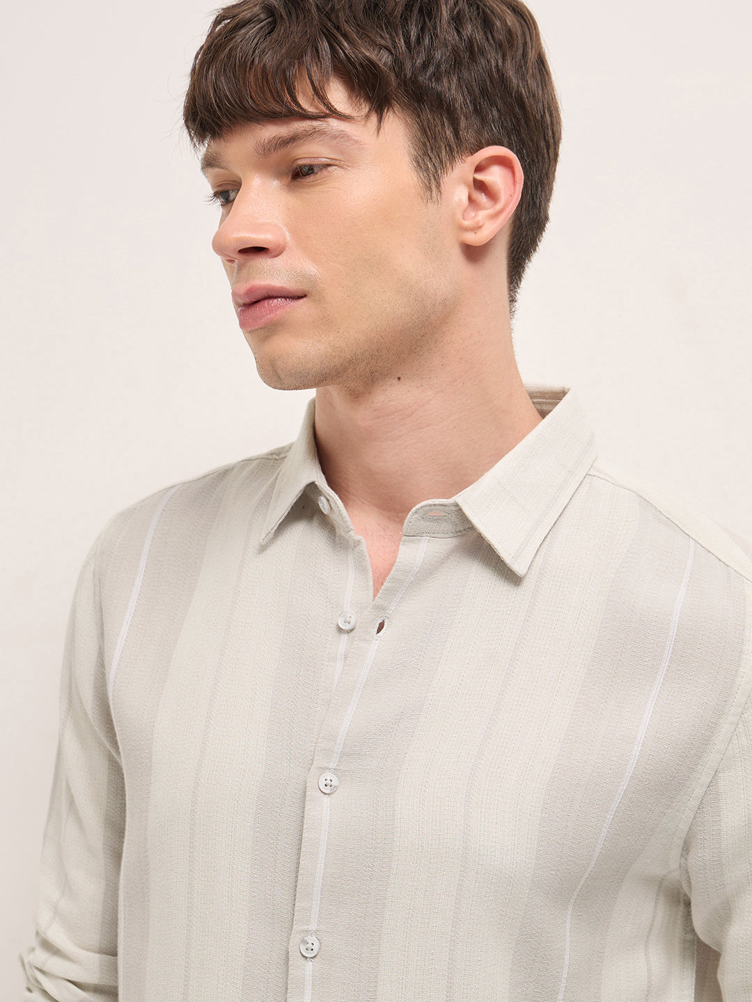 Green Woven Vertical Stripe Slim Fit Casual Shirt by The Bear House