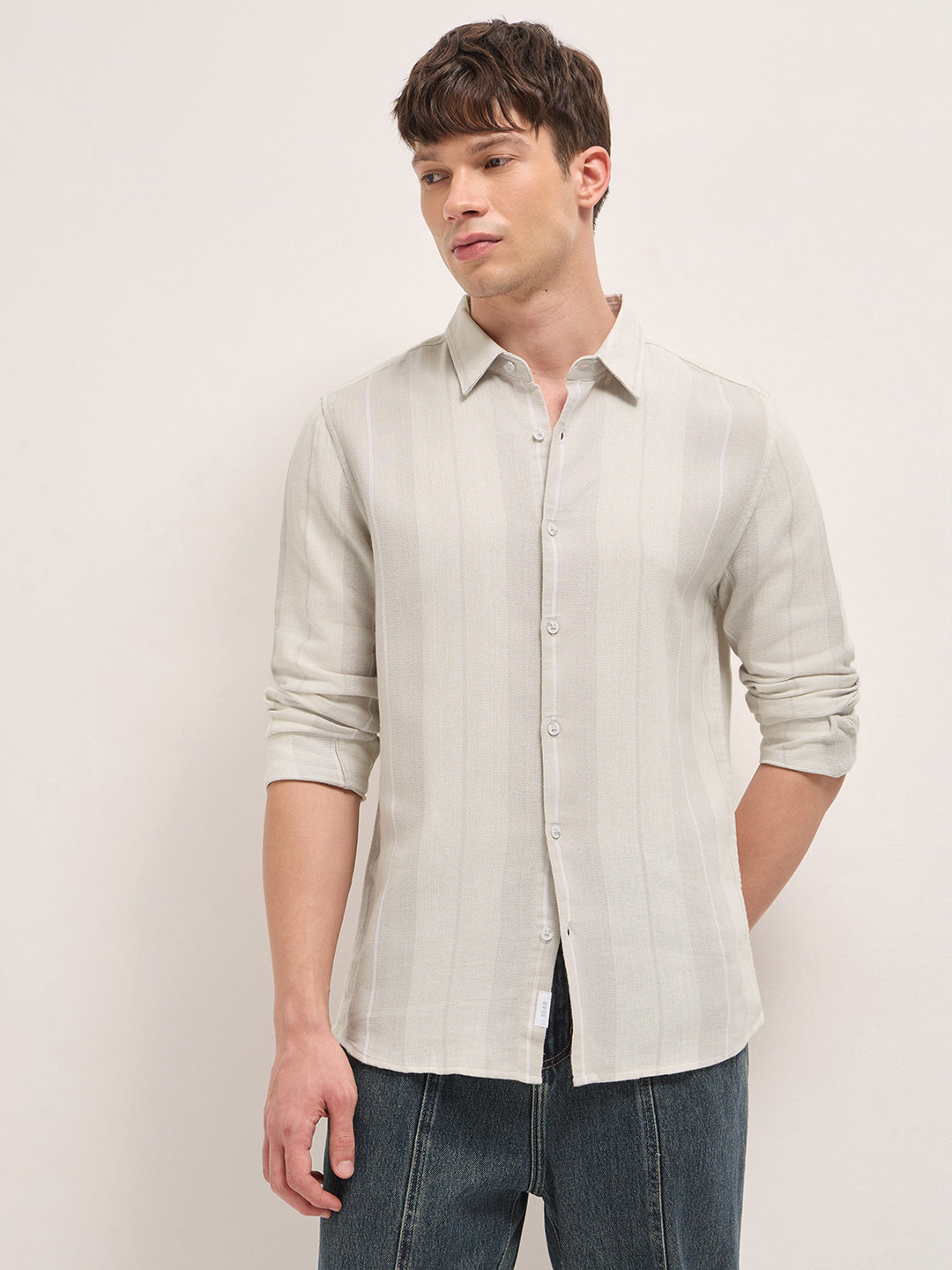 Green Woven Vertical Stripe Slim Fit Casual Shirt by The Bear House