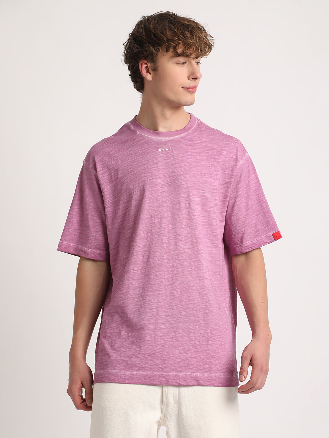 Men Pink Self Design Oversized Fit Round Neck T-shirt by The Bear House
