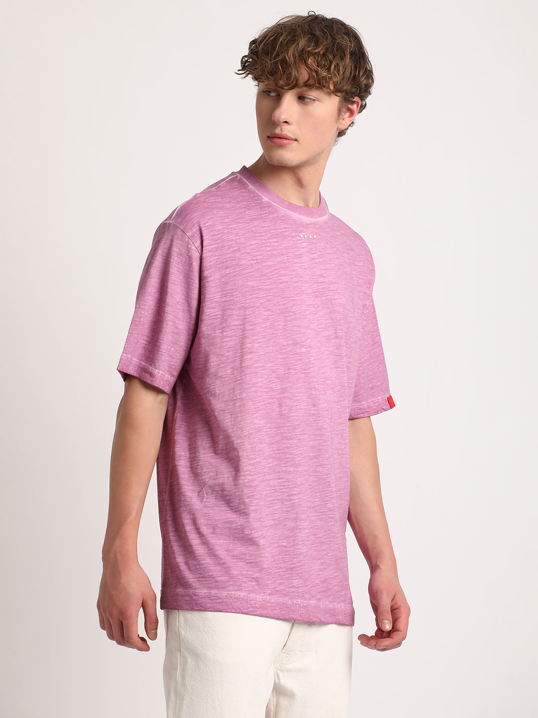 Men Pink Self Design Oversized Fit Round Neck T-shirt by The Bear House