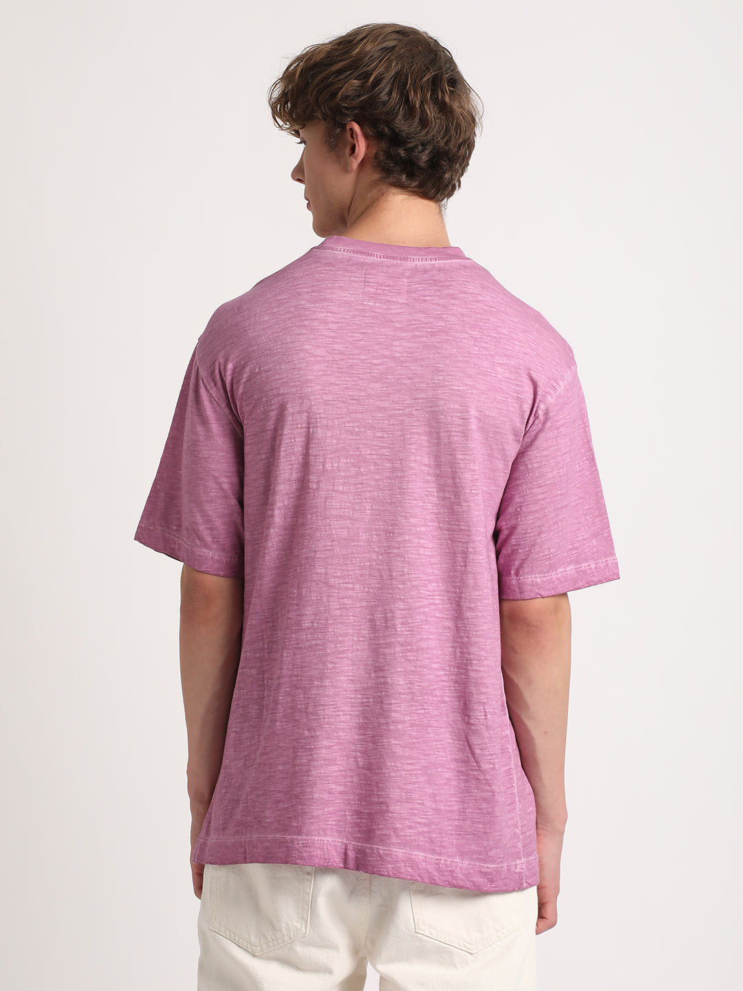 Men Pink Self Design Oversized Fit Round Neck T-shirt by The Bear House