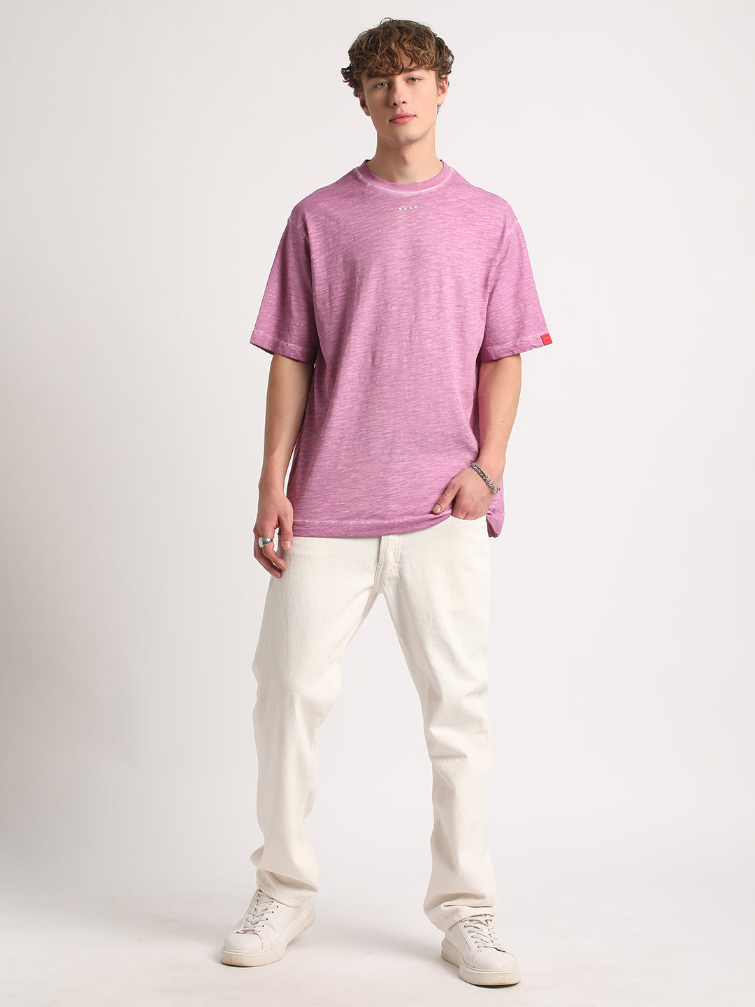 Men Pink Self Design Oversized Fit Round Neck T-shirt by The Bear House