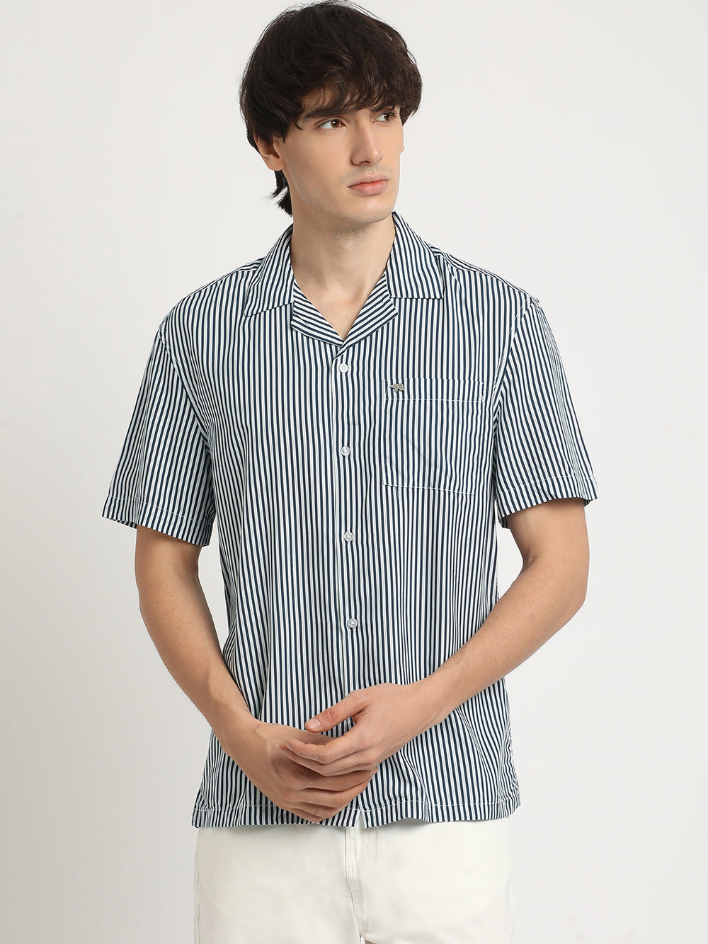 Men Blue Striped Regular Fit Viscose Casual Shirt by The Bear House