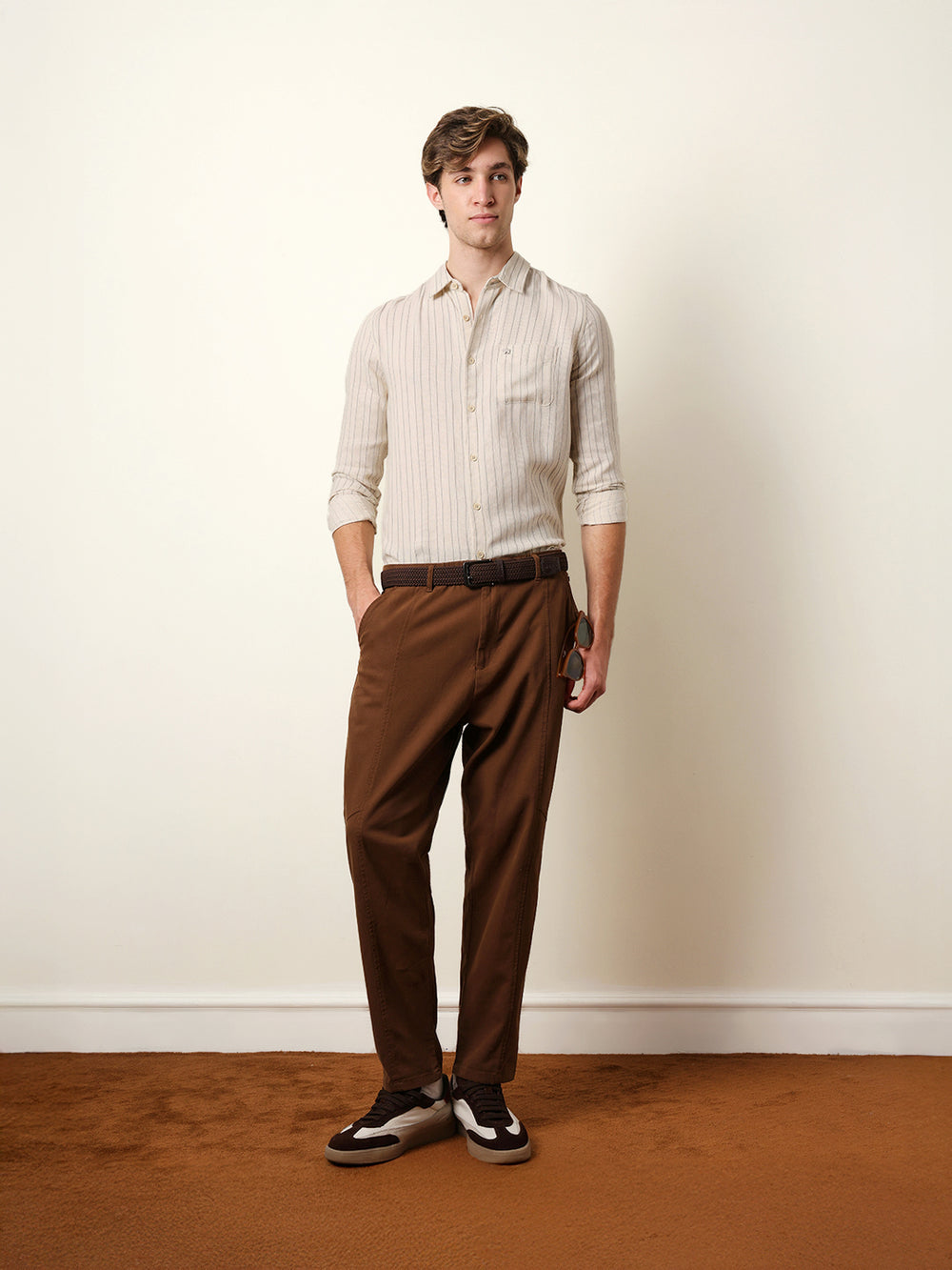 Cream Vertical Woven Stripe Slim Fit Casual Shirt by The Bear House