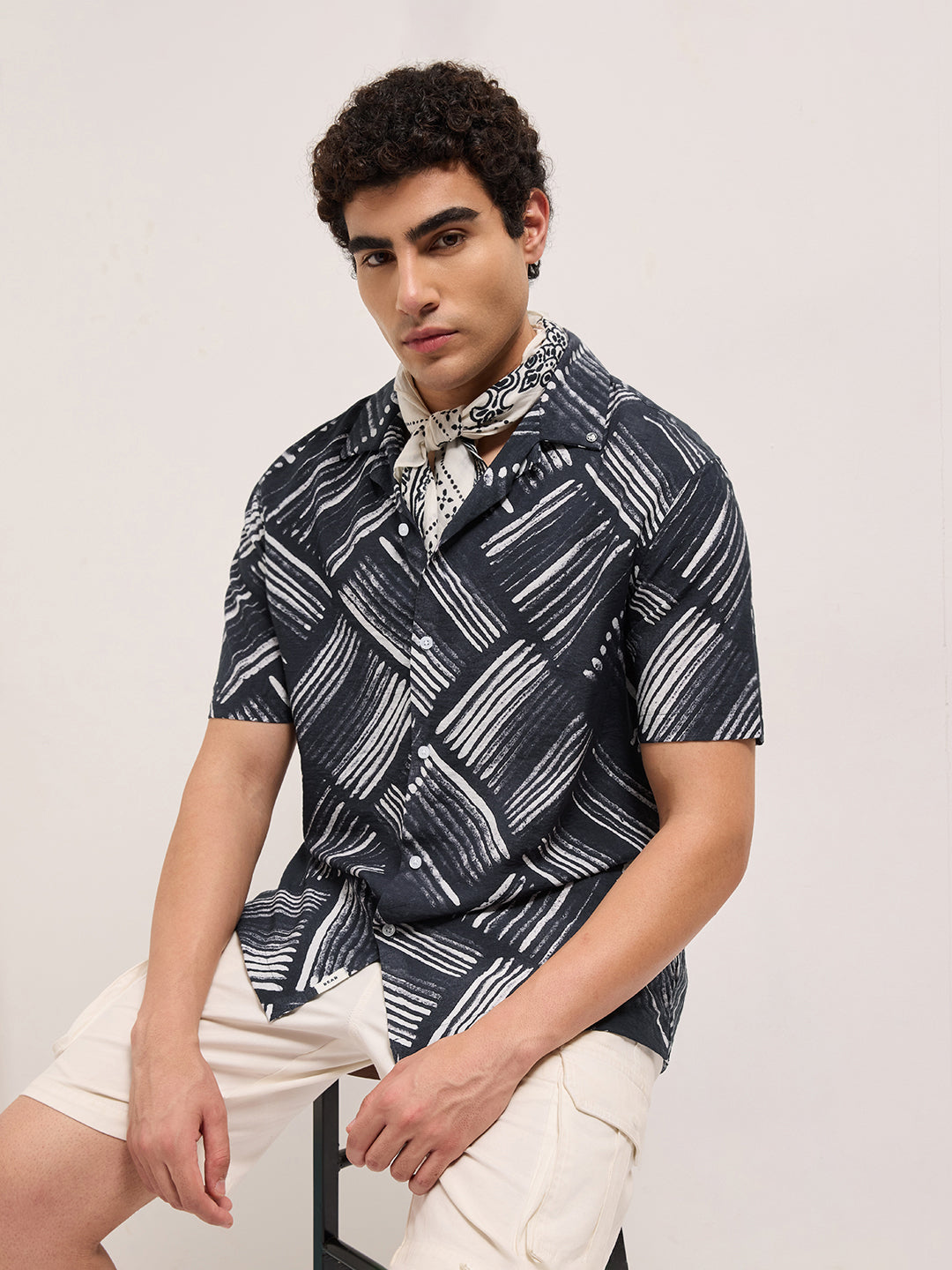 Black Abstract Brushstroke Printed Relaxed Fit Cuban Collar Casual Shirt by The Bear House