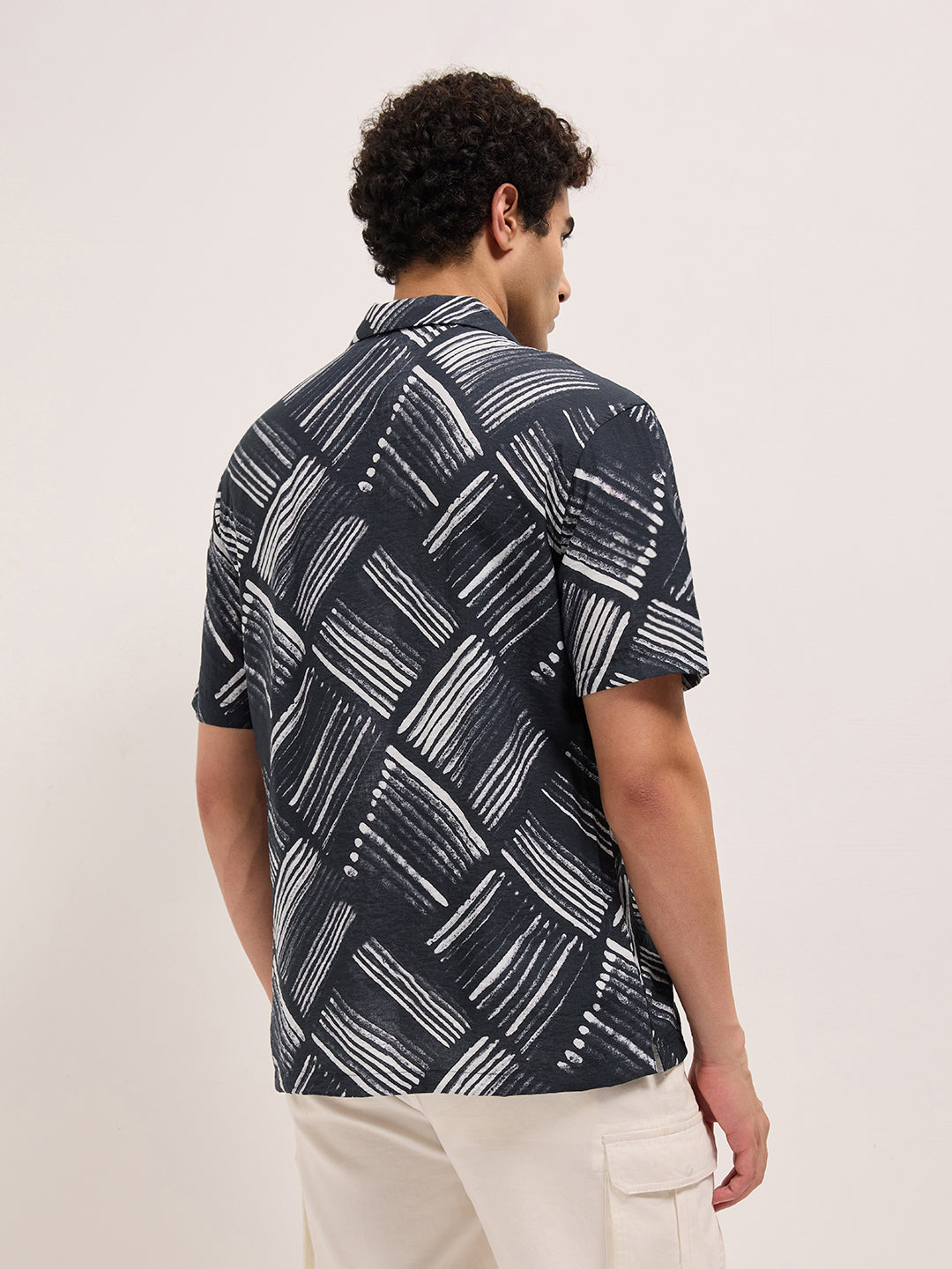 Black Abstract Brushstroke Printed Relaxed Fit Cuban Collar Casual Shirt by The Bear House