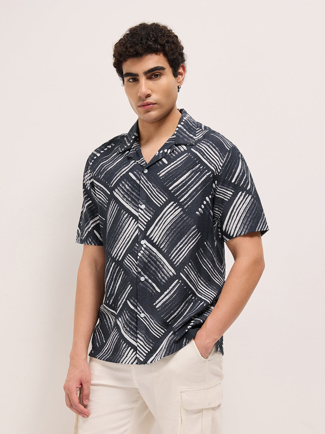 Black Abstract Brushstroke Printed Relaxed Fit Cuban Collar Casual Shirt by The Bear House