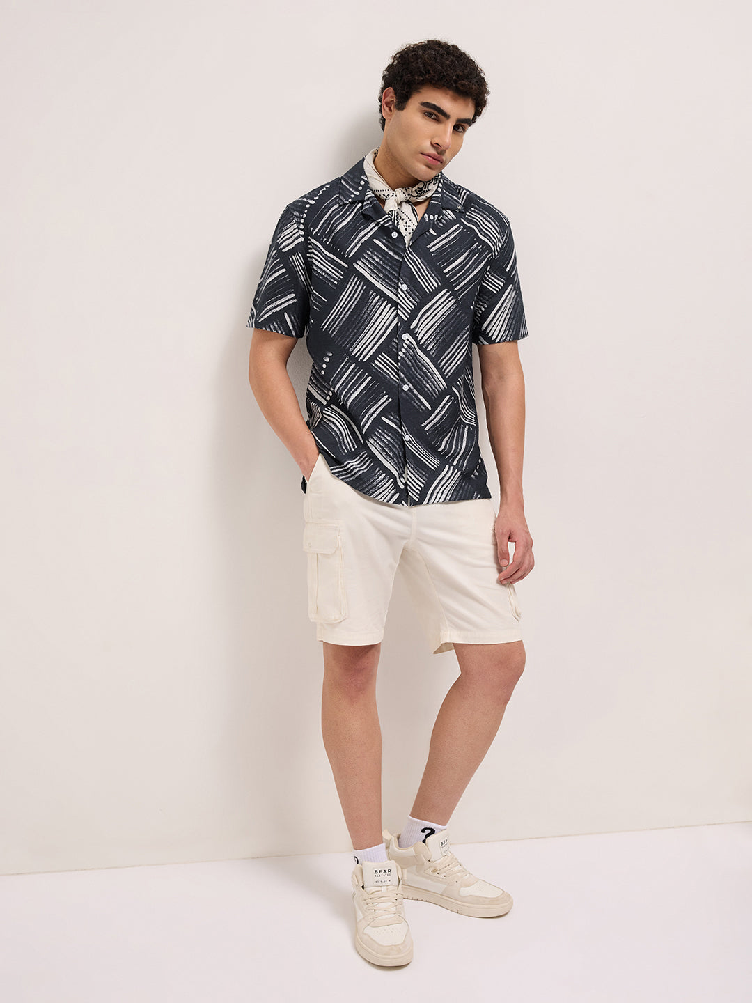 Black Abstract Brushstroke Printed Relaxed Fit Cuban Collar Casual Shirt by The Bear House