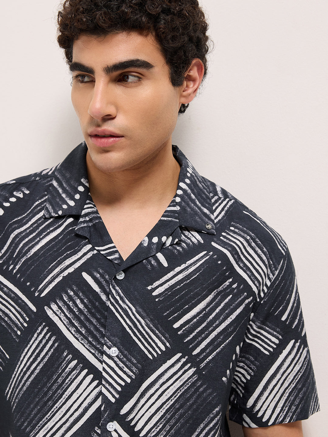Black Abstract Brushstroke Printed Relaxed Fit Cuban Collar Casual Shirt by The Bear House