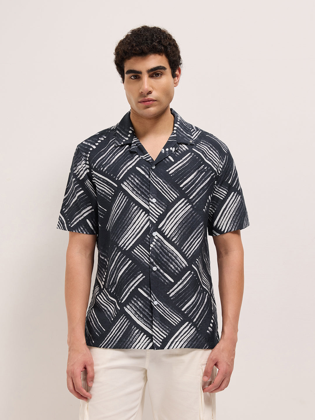 Black Abstract Brushstroke Printed Relaxed Fit Cuban Collar Casual Shirt by The Bear House