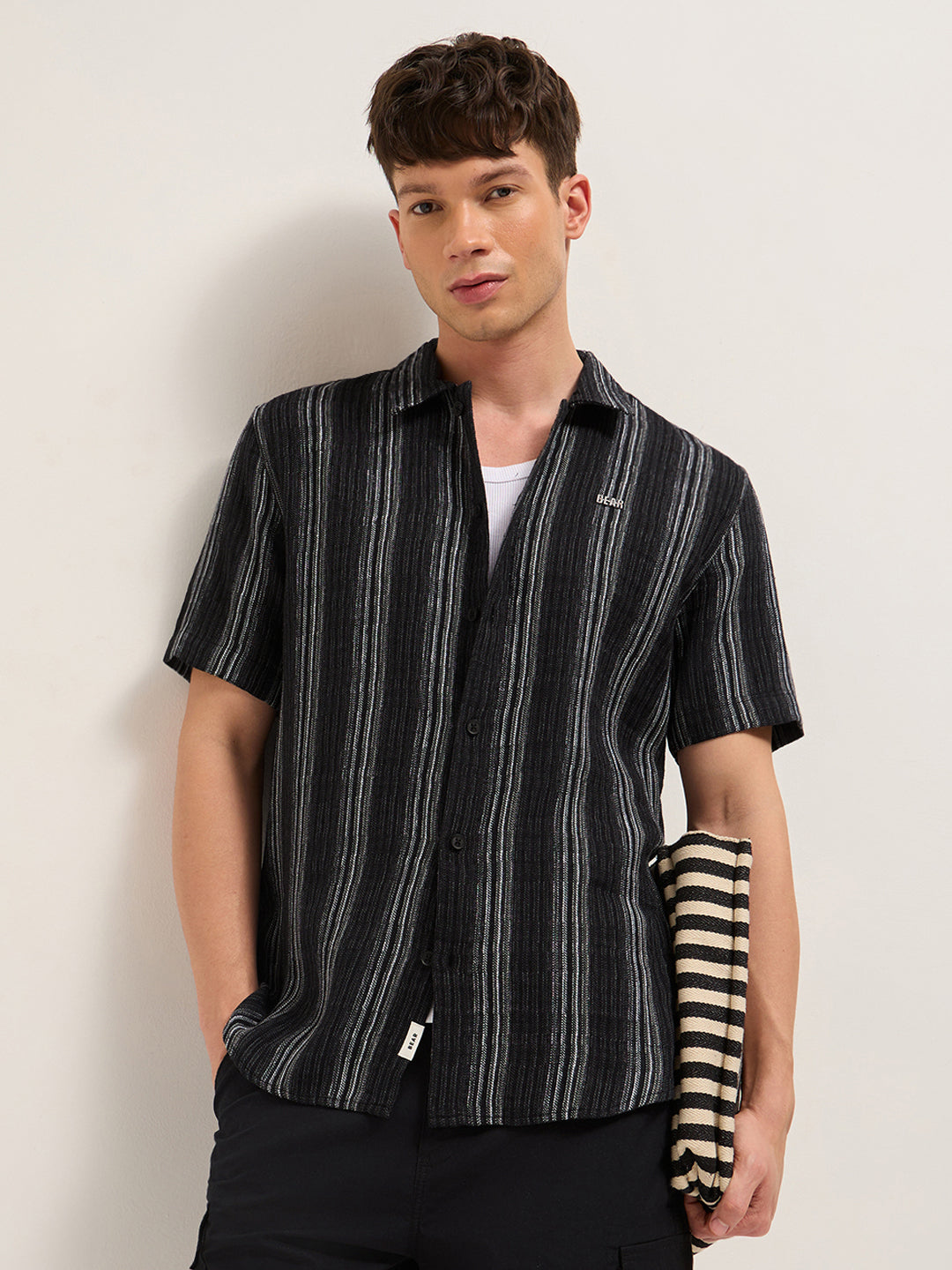 Black Woven Vertical Stripe Regular Fit Half-Sleeve Casual Shirt by The Bear House
