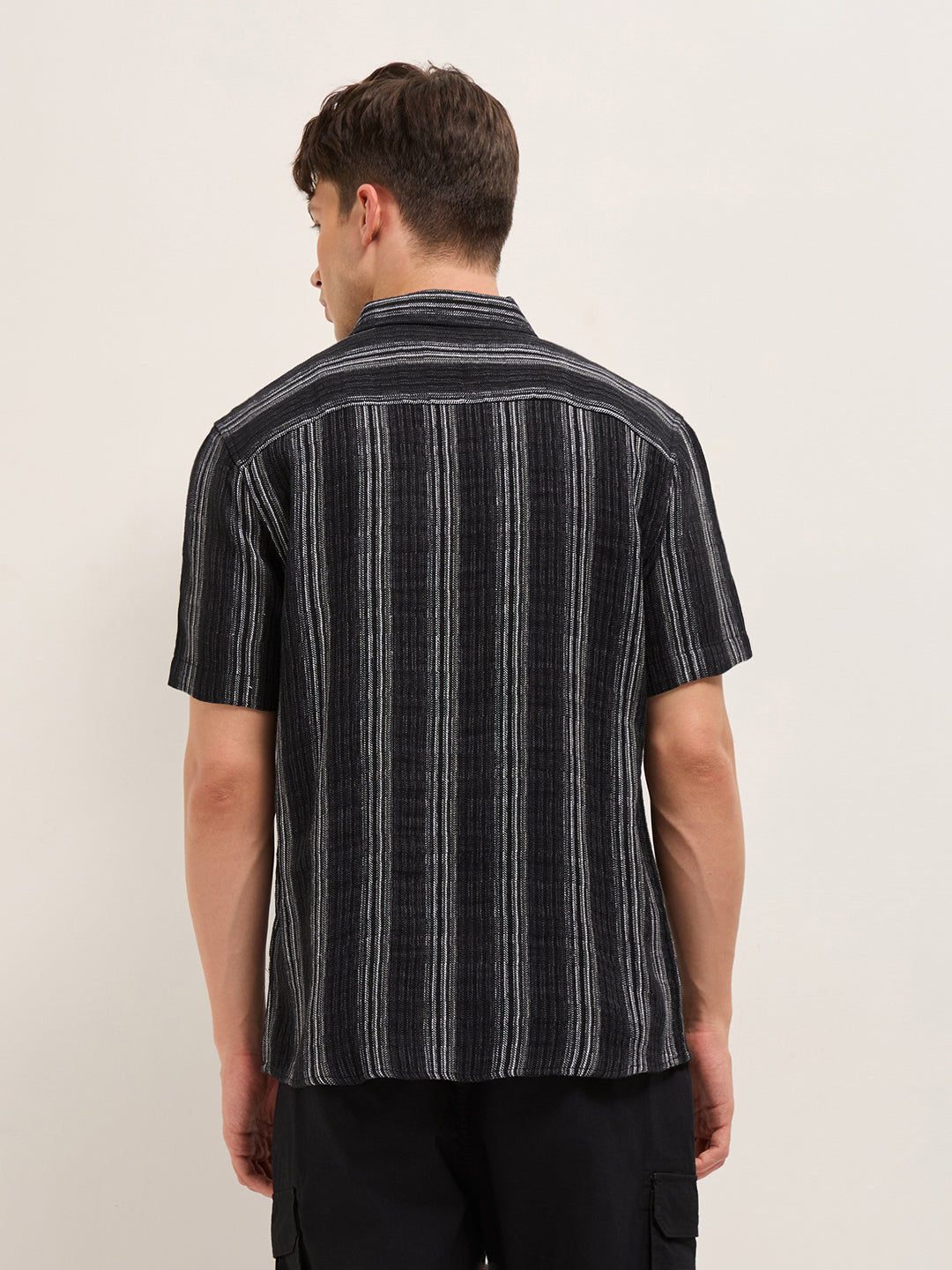 Black Woven Vertical Stripe Regular Fit Half-Sleeve Casual Shirt by The Bear House