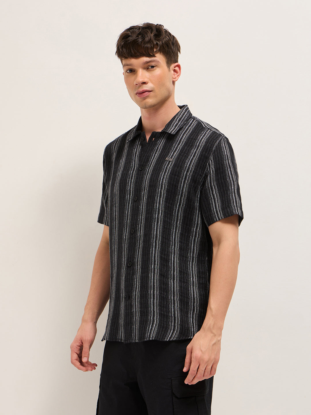 Black Woven Vertical Stripe Regular Fit Half-Sleeve Casual Shirt by The Bear House
