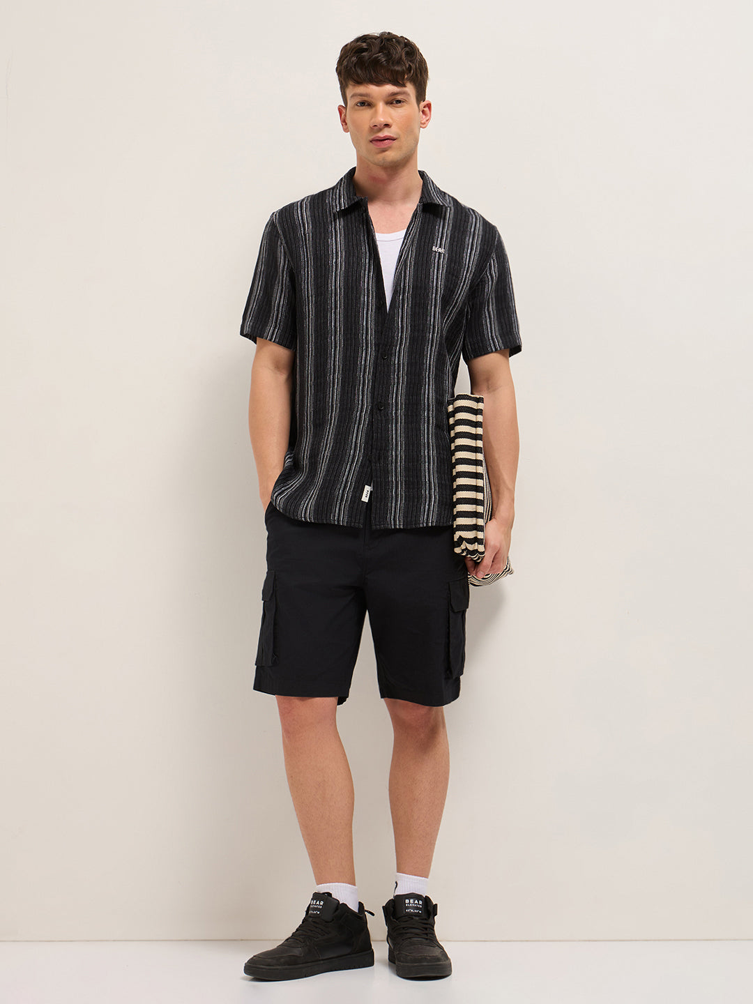 Black Woven Vertical Stripe Regular Fit Half-Sleeve Casual Shirt by The Bear House