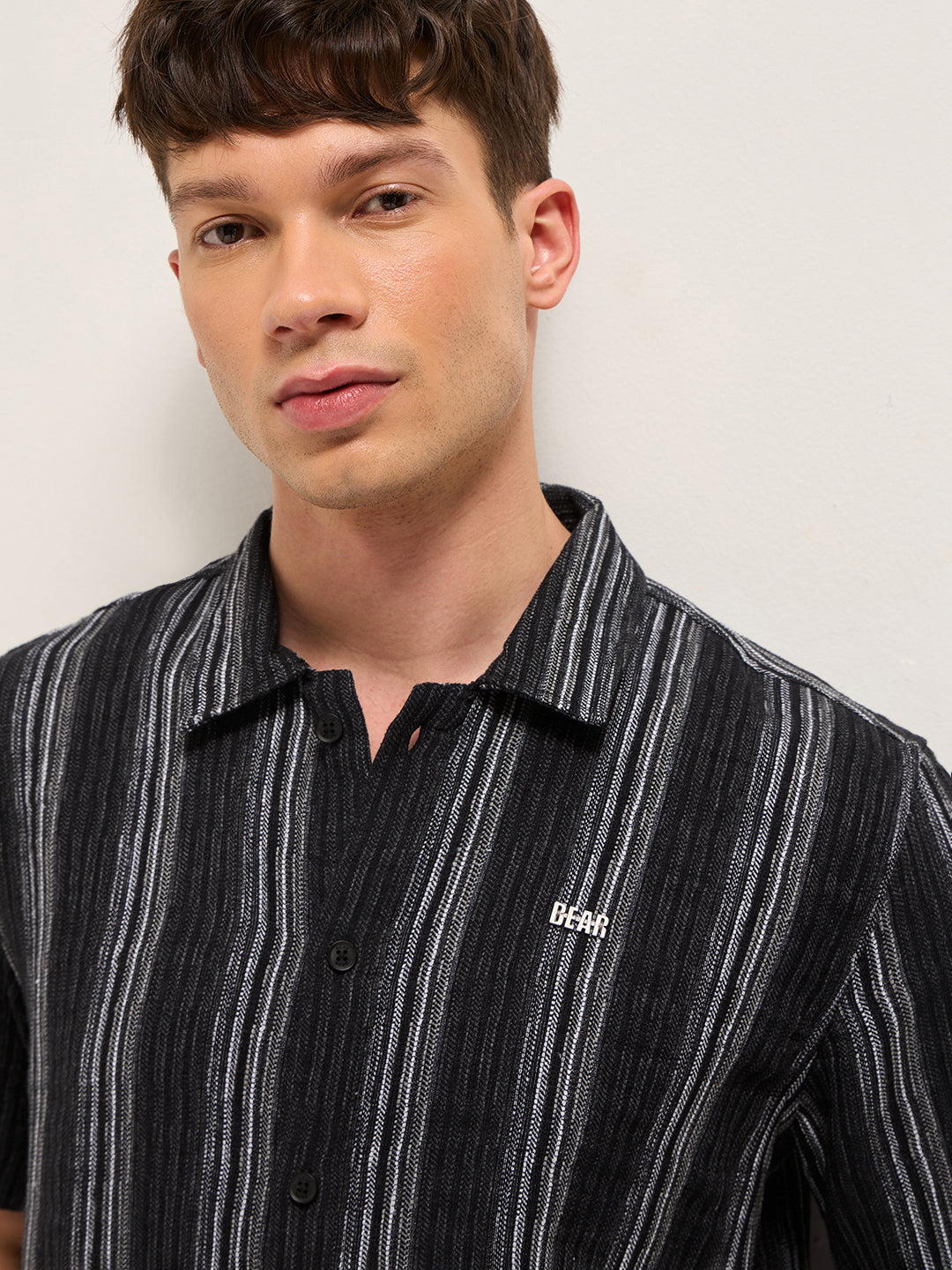 Black Woven Vertical Stripe Regular Fit Half-Sleeve Casual Shirt by The Bear House