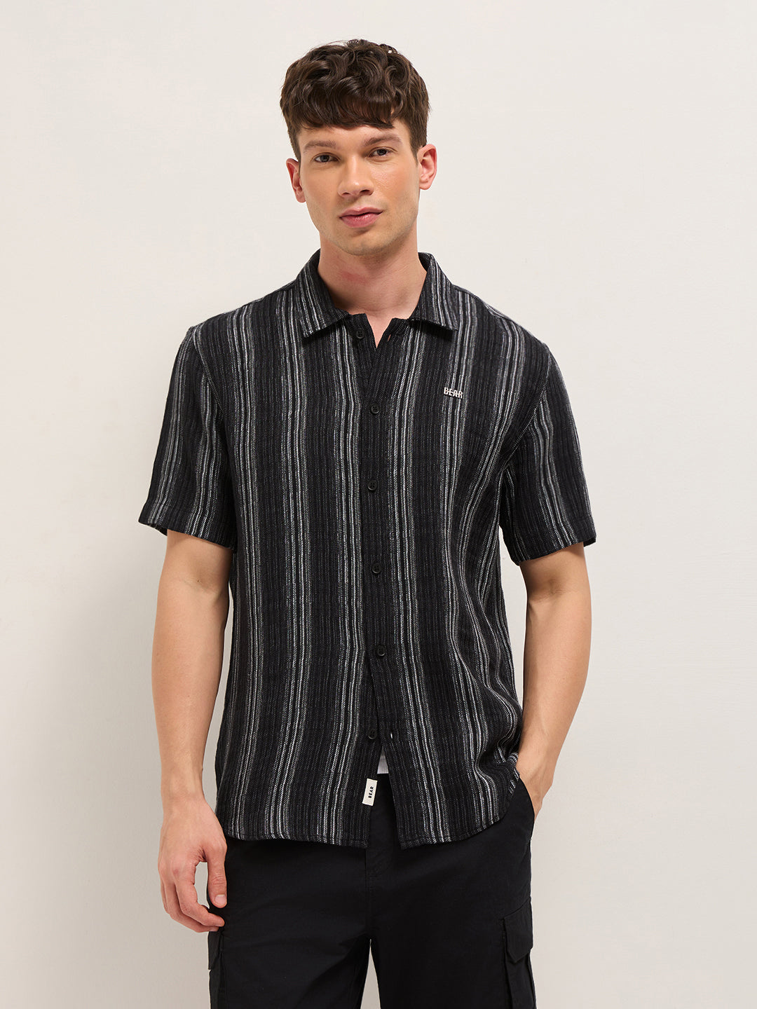 Black Woven Vertical Stripe Regular Fit Half-Sleeve Casual Shirt by The Bear House