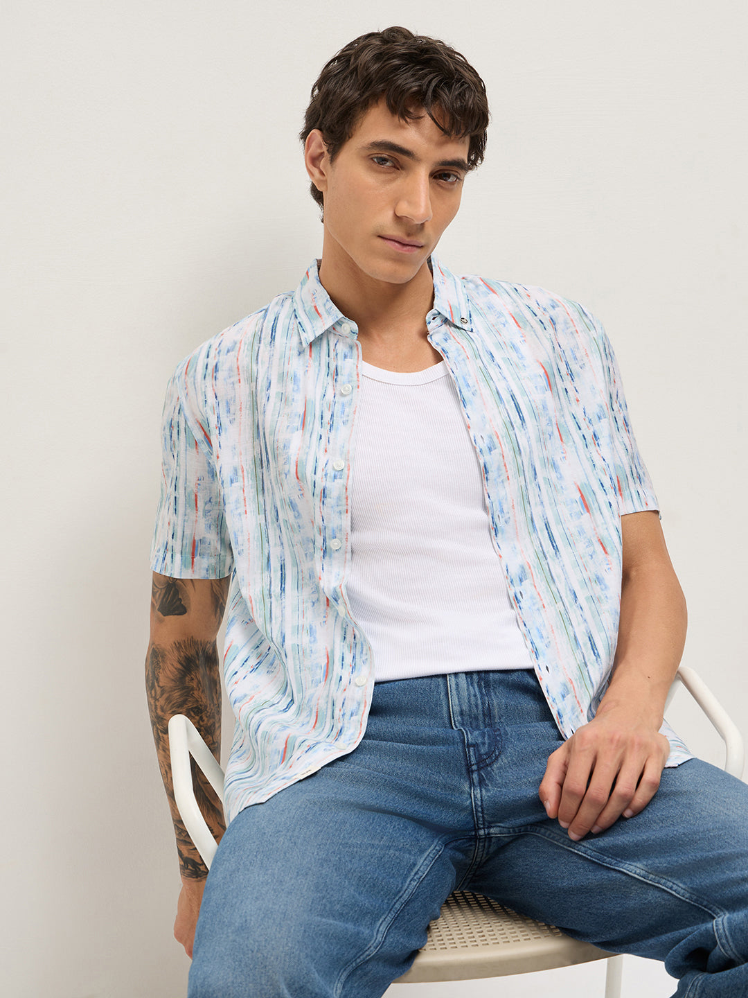 Multicolor Relax Fit Casual Shirt with Abstract Striped Print by The Bear House