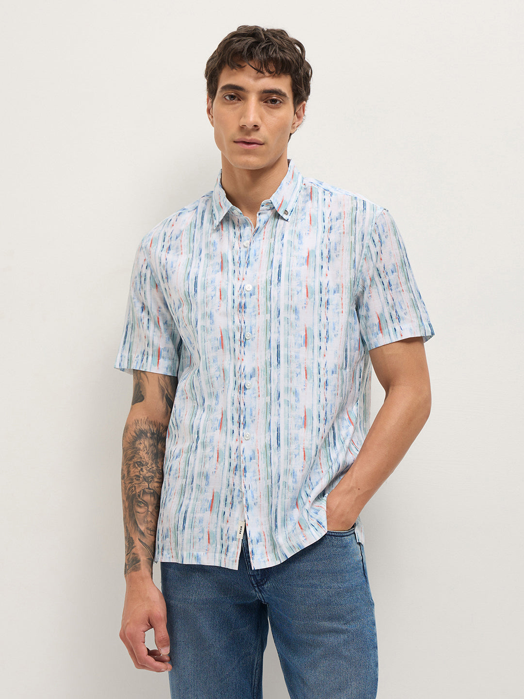 Multicolor Relax Fit Casual Shirt with Abstract Striped Print by The Bear House