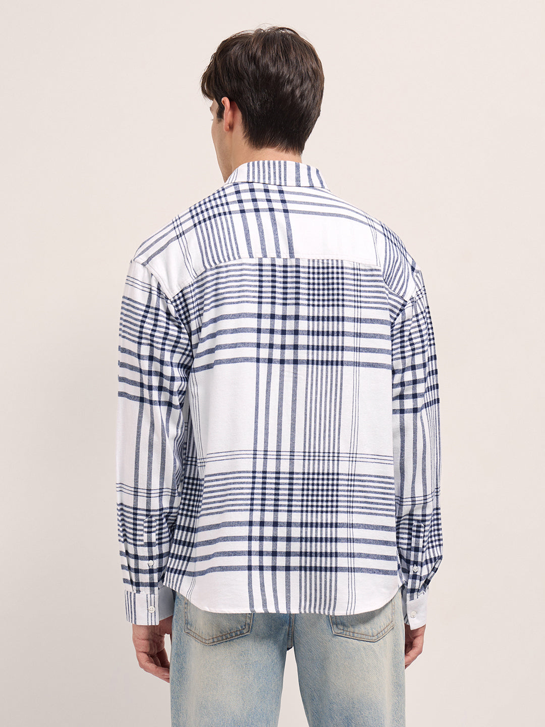 White Tartan Checked Design Relaxed Fit Overshirt by The Bear House