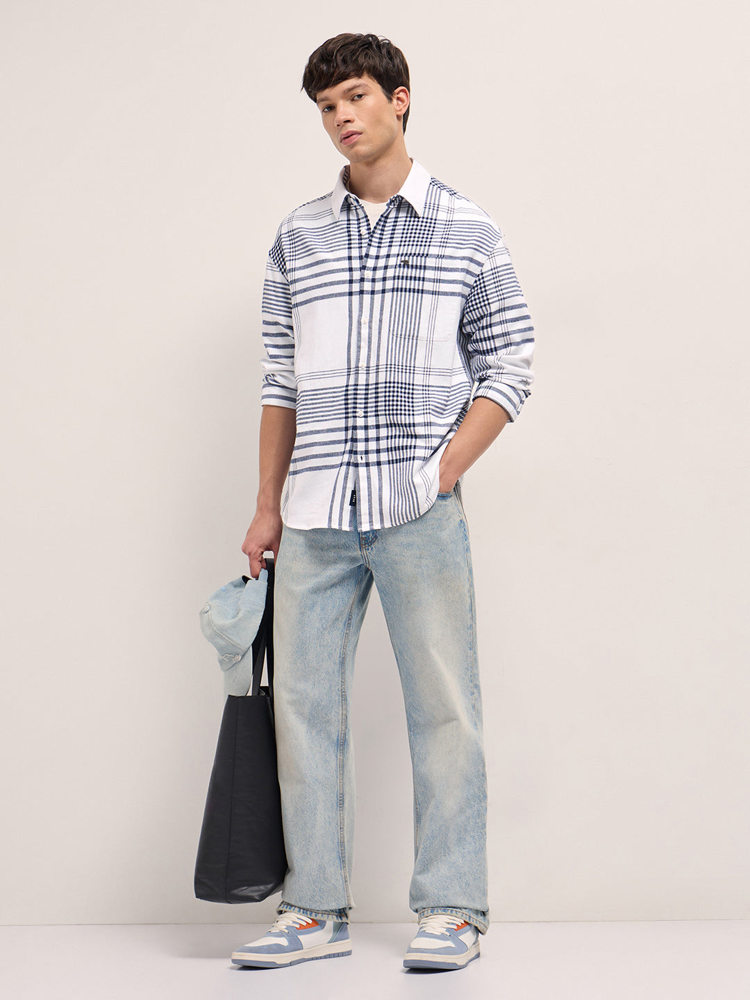 White Tartan Checked Design Relaxed Fit Overshirt by The Bear House