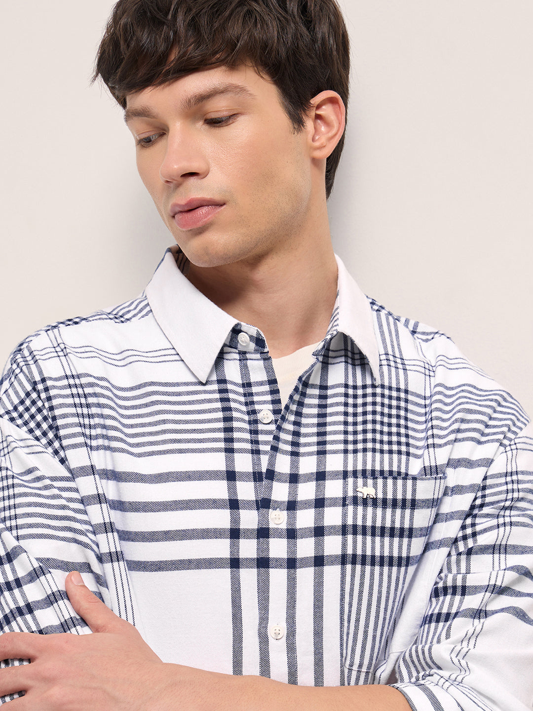 White Tartan Checked Design Relaxed Fit Overshirt by The Bear House