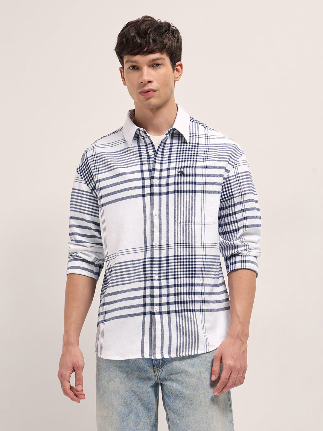 White Tartan Checked Design Relaxed Fit Overshirt by The Bear House