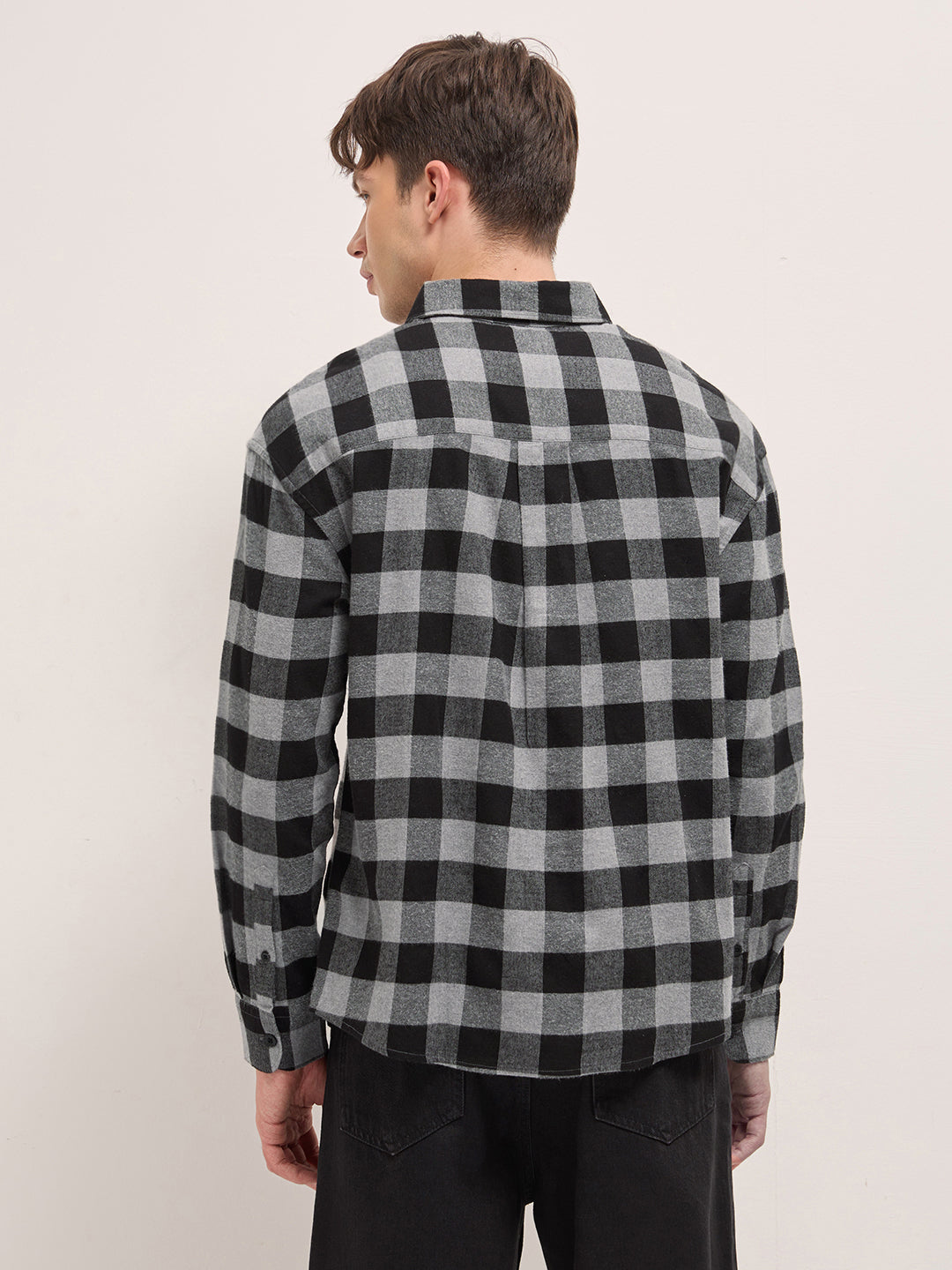Black & Grey Woven Block Checks Flannel Relaxed Fit Casual Shirt by The Bear House