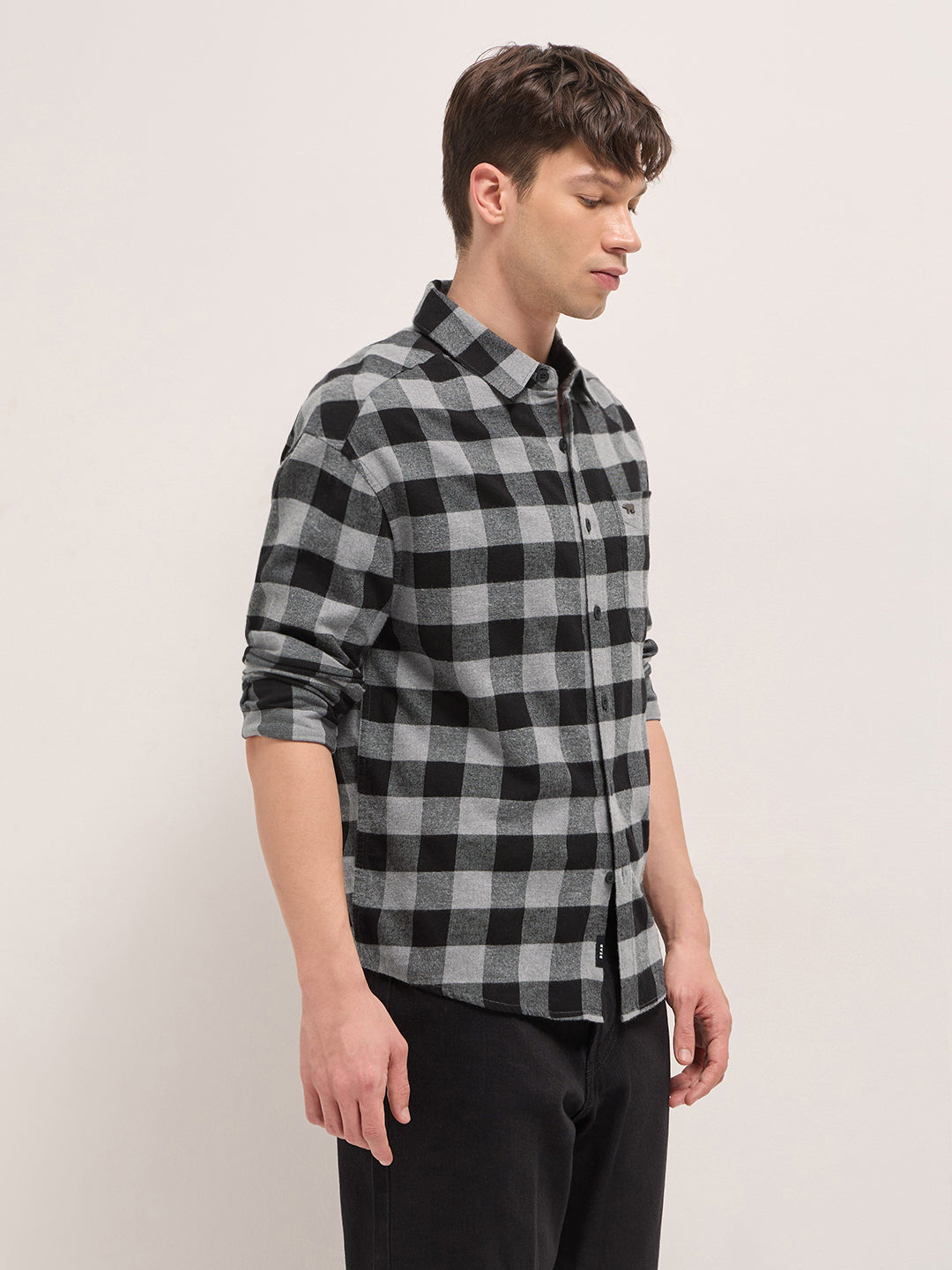 Black & Grey Woven Block Checks Flannel Relaxed Fit Casual Shirt by The Bear House