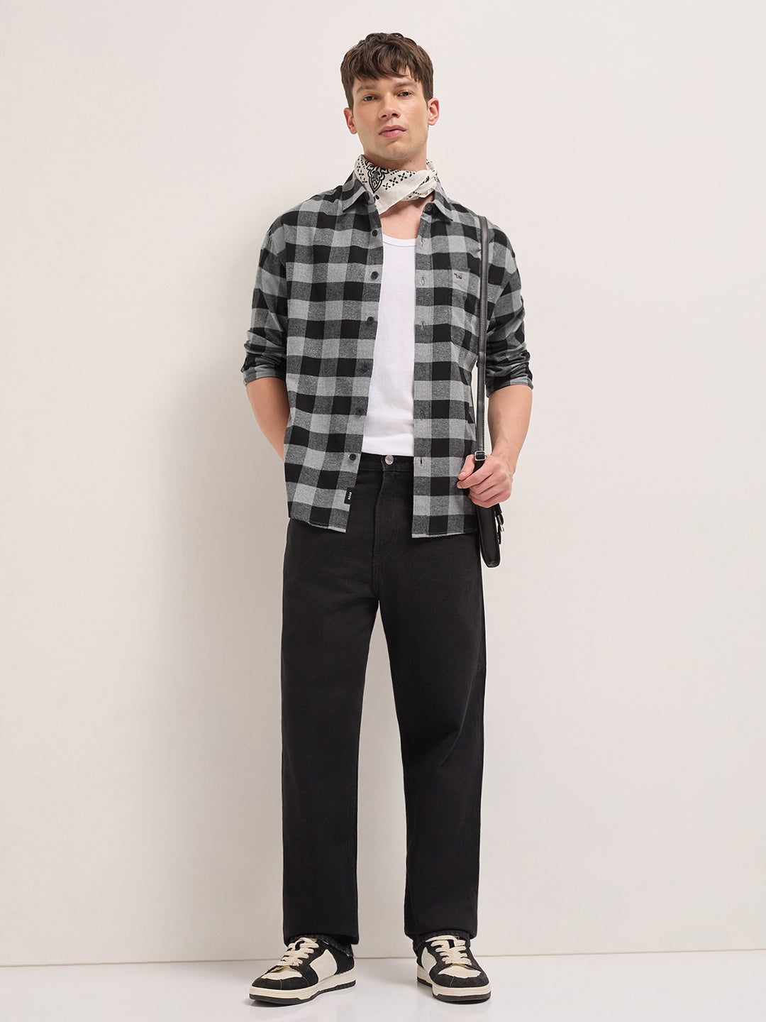 Black & Grey Woven Block Checks Flannel Relaxed Fit Casual Shirt by The Bear House
