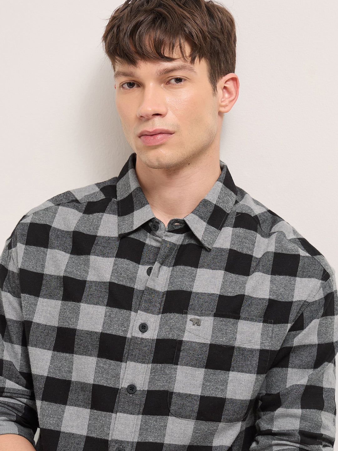 Black & Grey Woven Block Checks Flannel Relaxed Fit Casual Shirt by The Bear House