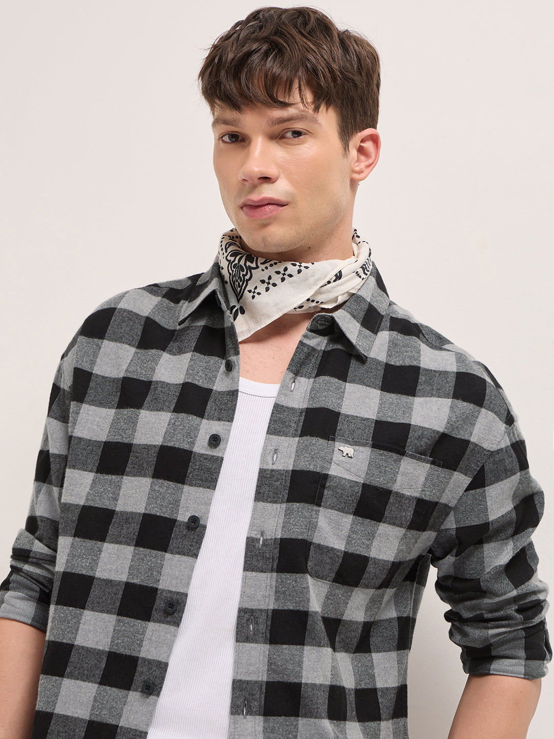 Black & Grey Woven Block Checks Flannel Relaxed Fit Casual Shirt by The Bear House