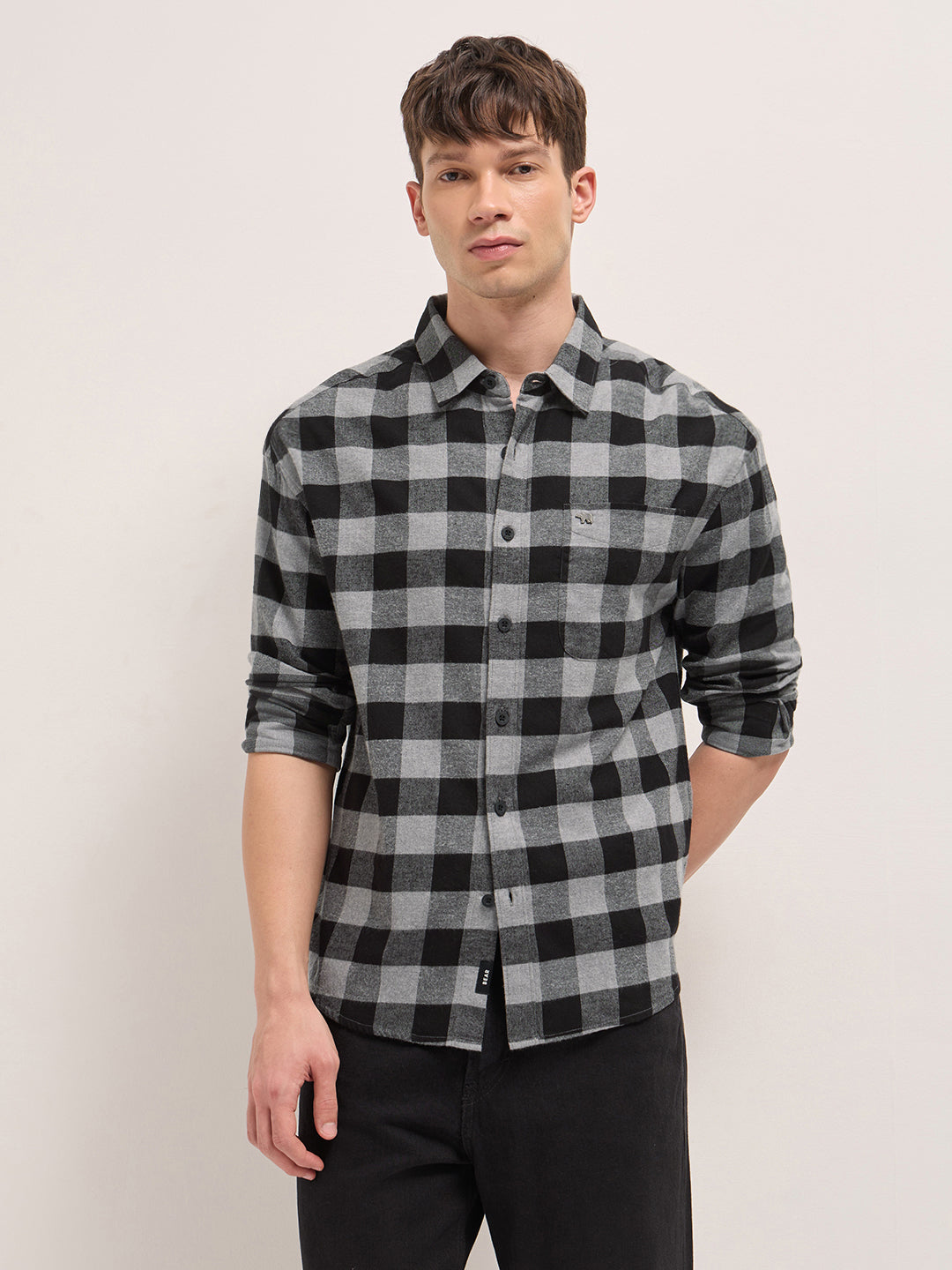 Black & Grey Woven Block Checks Flannel Relaxed Fit Casual Shirt by The Bear House