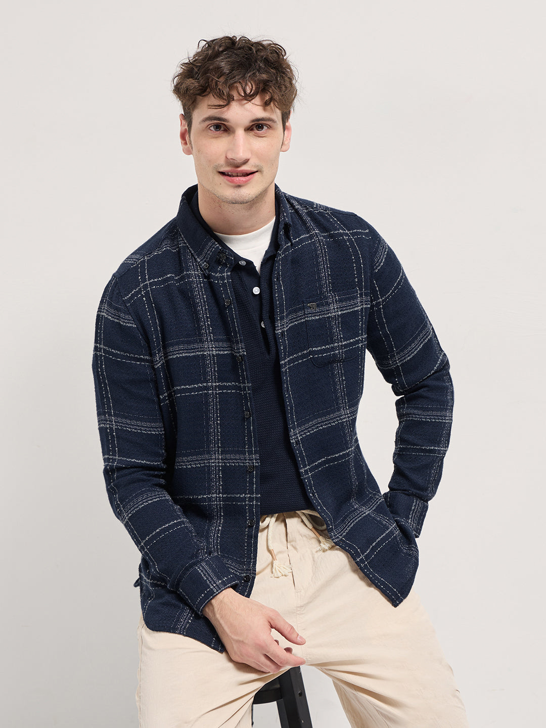 Dark Blue Checked Slim Fit Casual Flannel Shirt by The Bear House