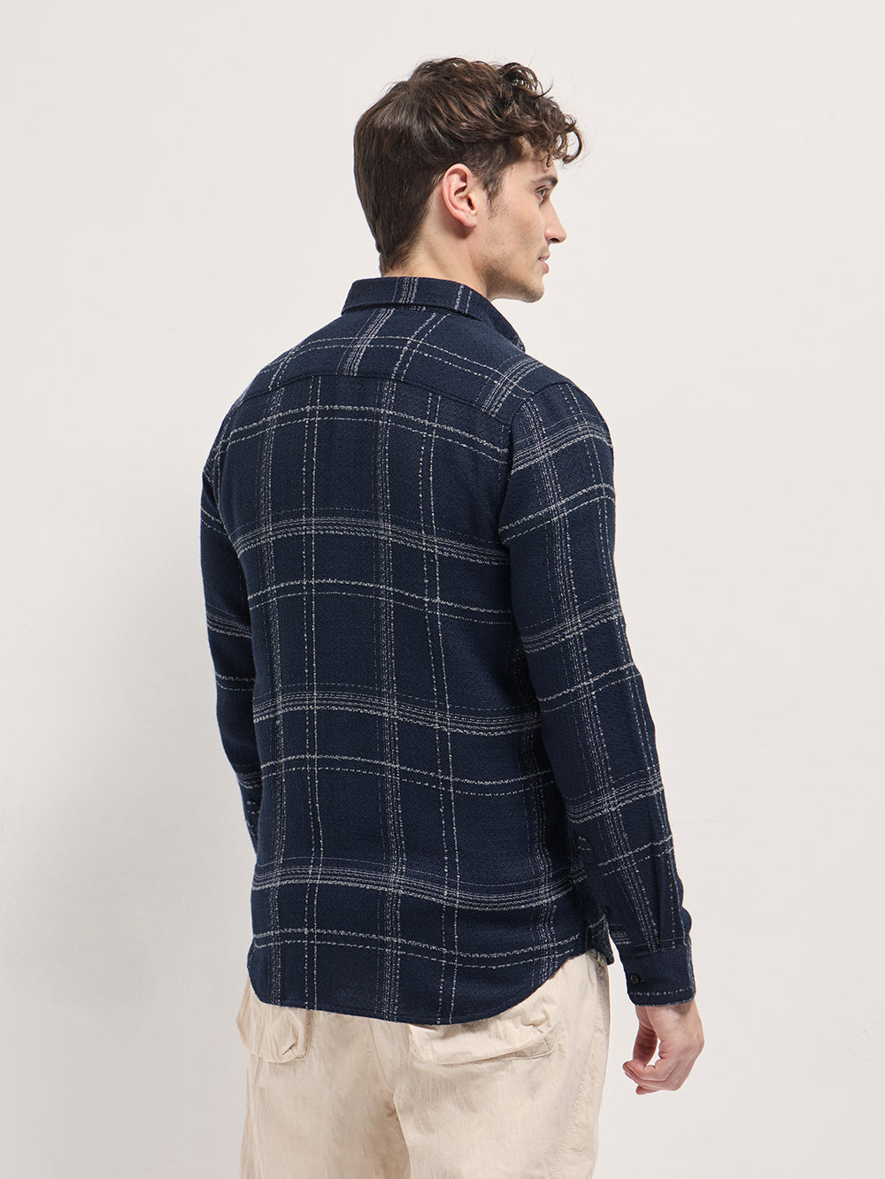 Dark Blue Checked Slim Fit Casual Flannel Shirt by The Bear House