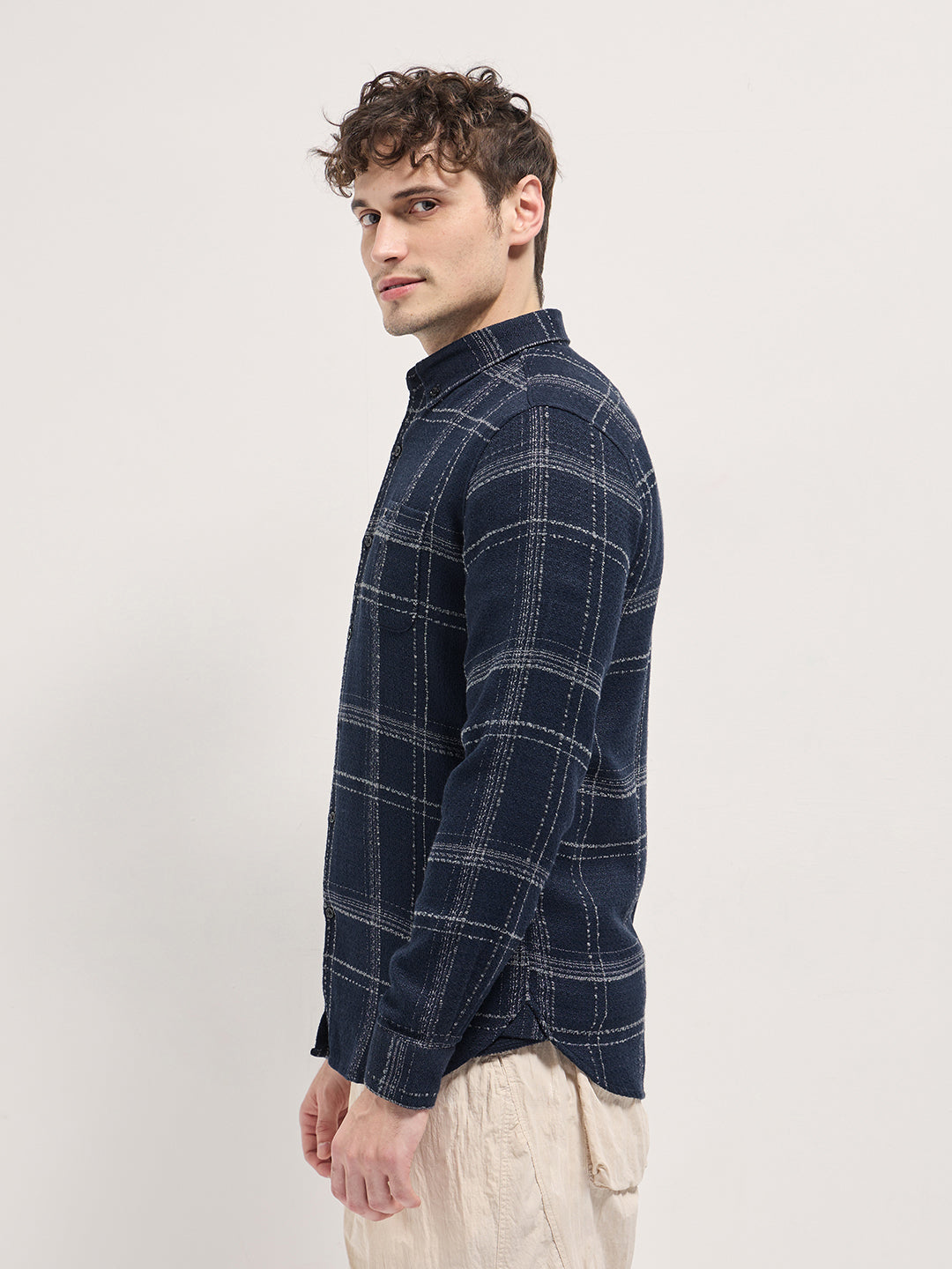 Dark Blue Checked Slim Fit Casual Flannel Shirt by The Bear House