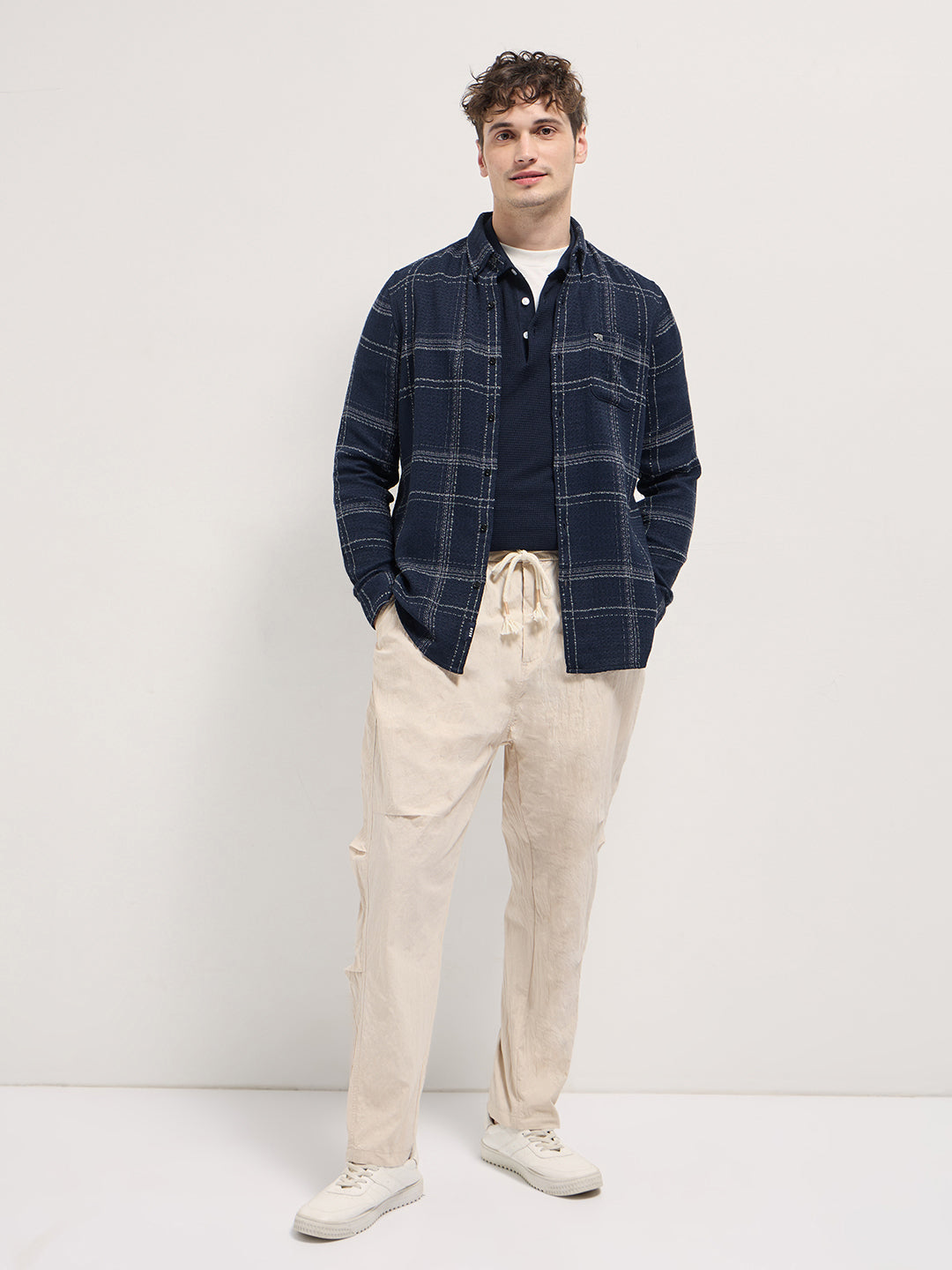 Dark Blue Checked Slim Fit Casual Flannel Shirt by The Bear House