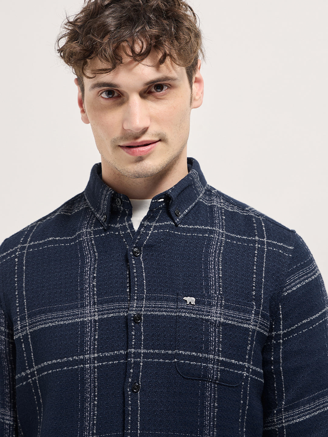 Dark Blue Checked Slim Fit Casual Flannel Shirt by The Bear House