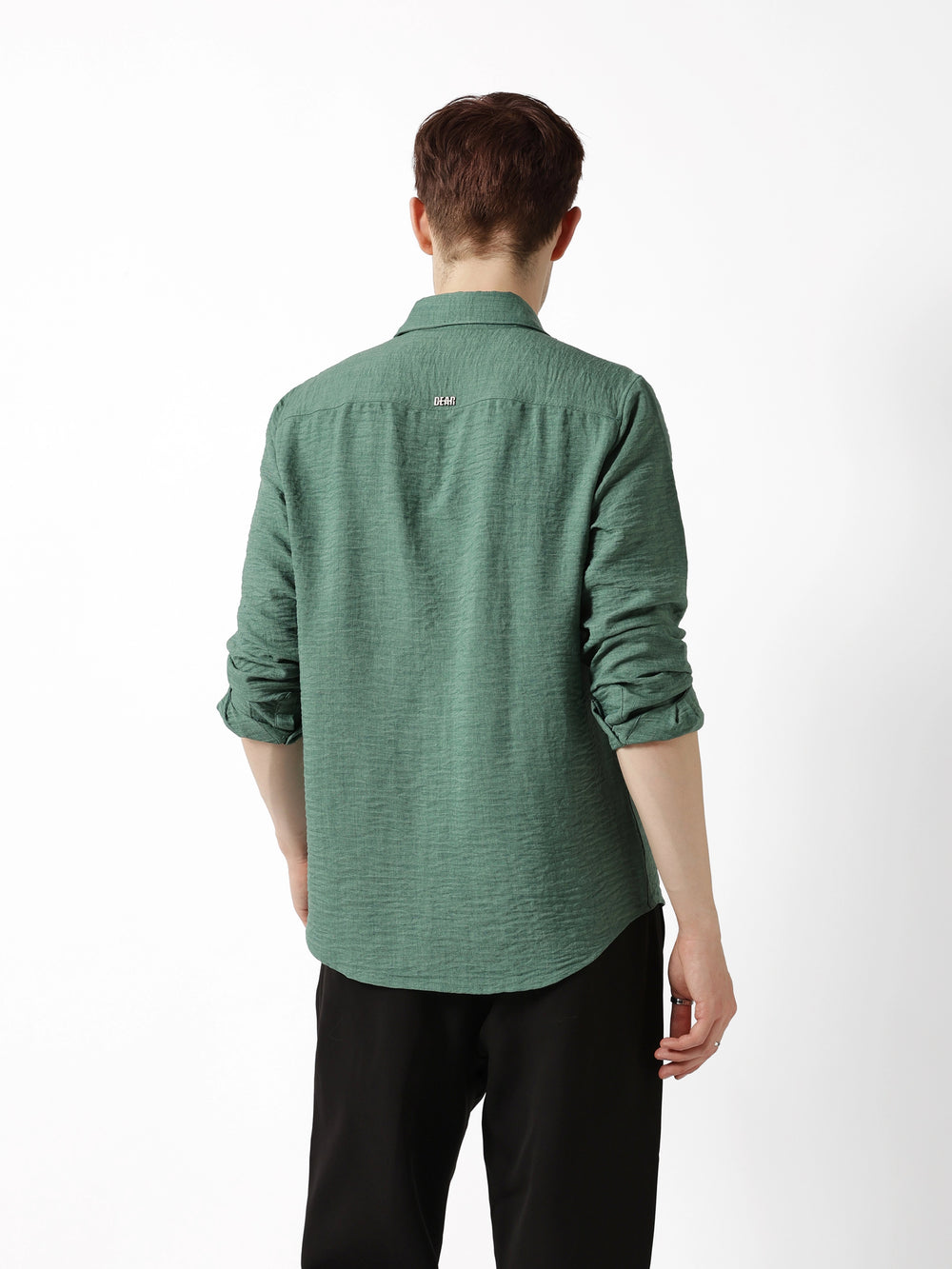 Green Slub-Textured Woven Slim Fit Casual Shirt by The Bear House