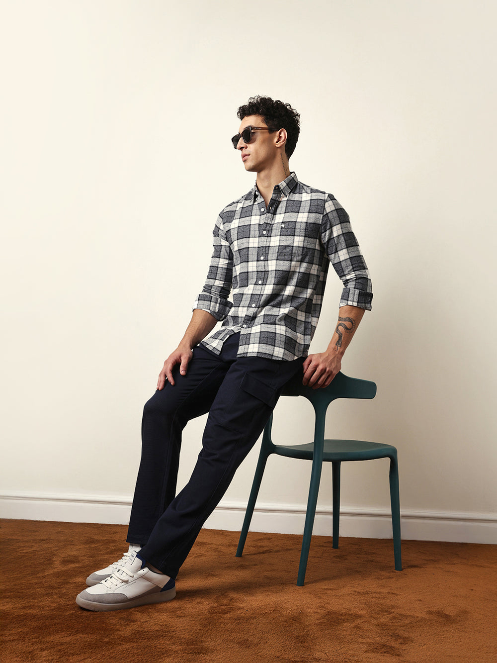 White with Grey Woven Tartan Checked Slim Fit Casual Shirt by The Bear House