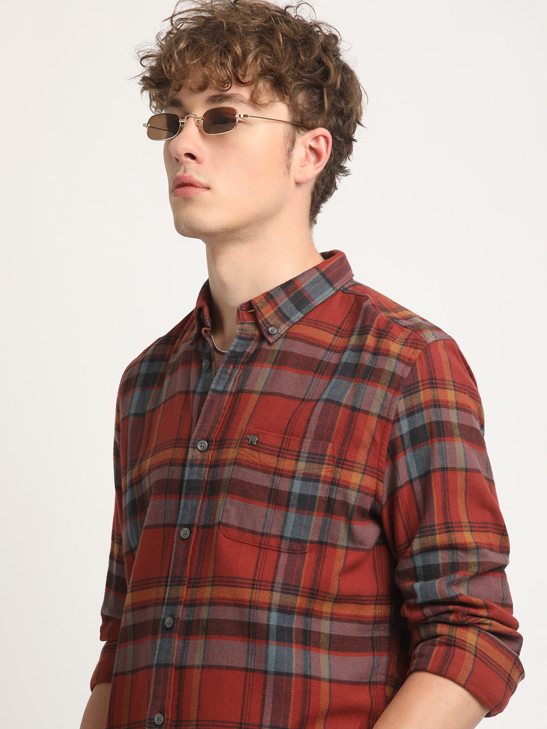 Men Rust Checked Slim Fit Flannel Cotton Casual Shirt by The Bear House