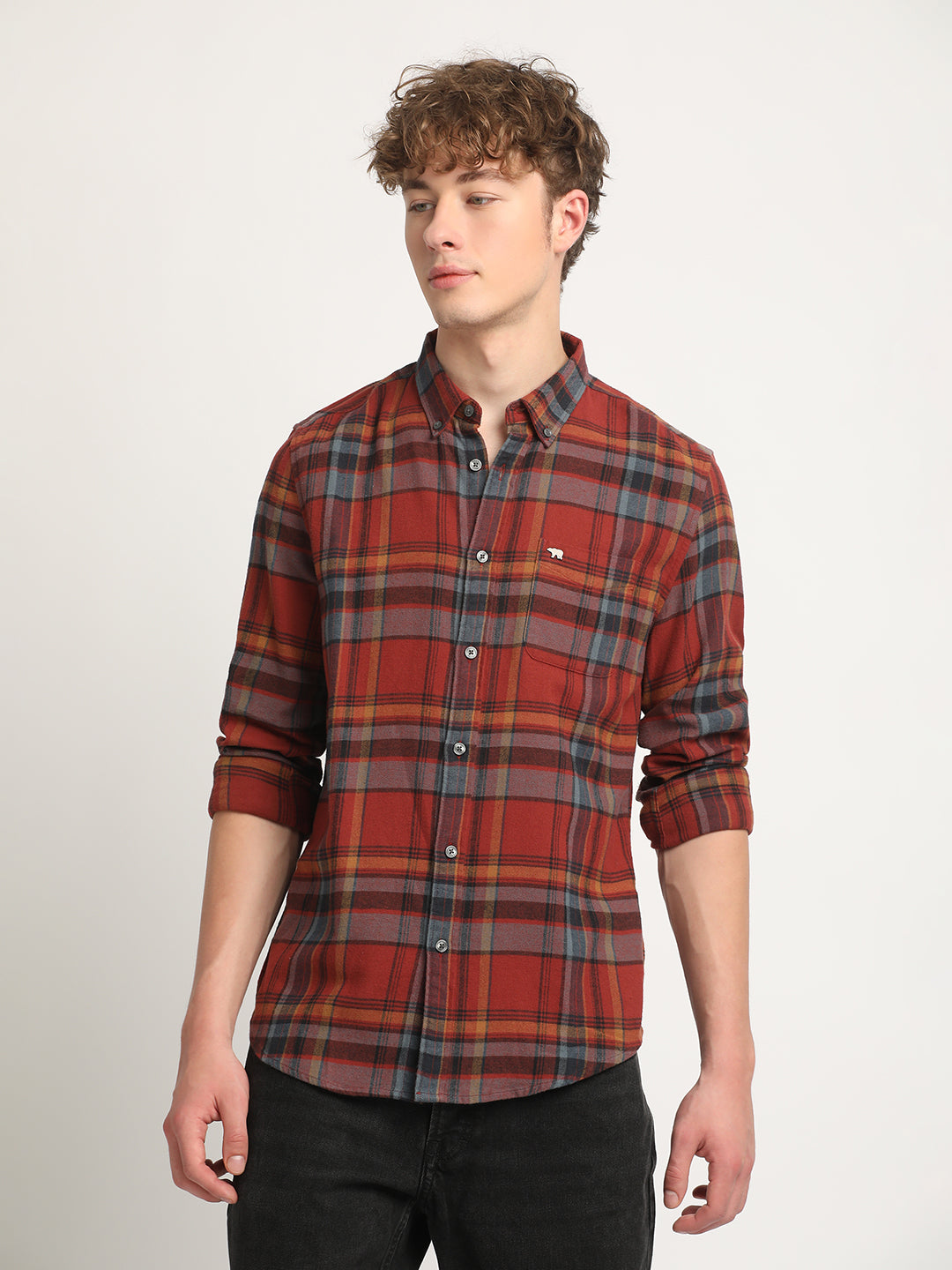 Men Rust Checked Slim Fit Flannel Cotton Casual Shirt by The Bear House