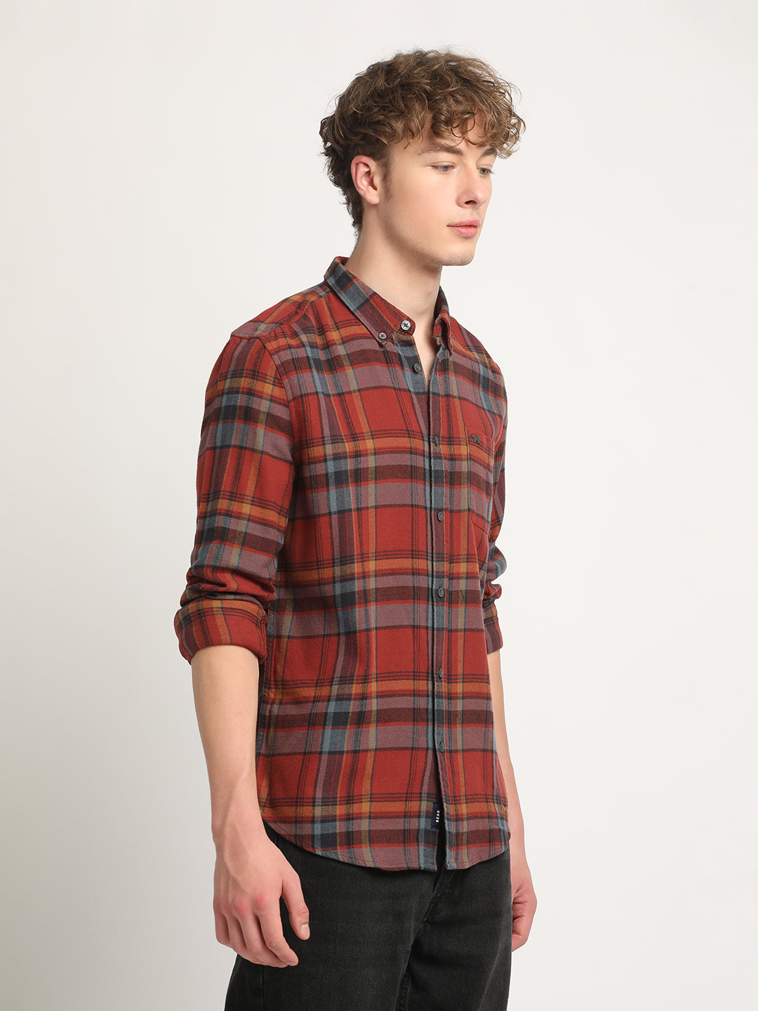 Men Rust Checked Slim Fit Flannel Cotton Casual Shirt by The Bear House