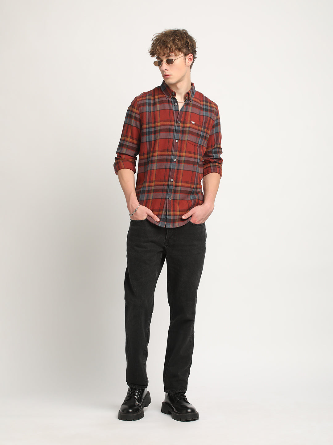Men Rust Checked Slim Fit Flannel Cotton Casual Shirt by The Bear House