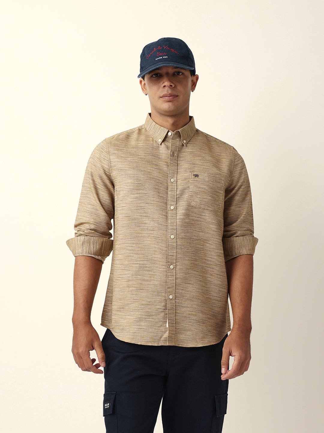 Brown Mélange Textured Slim Fit Casual Shirt by The Bear House