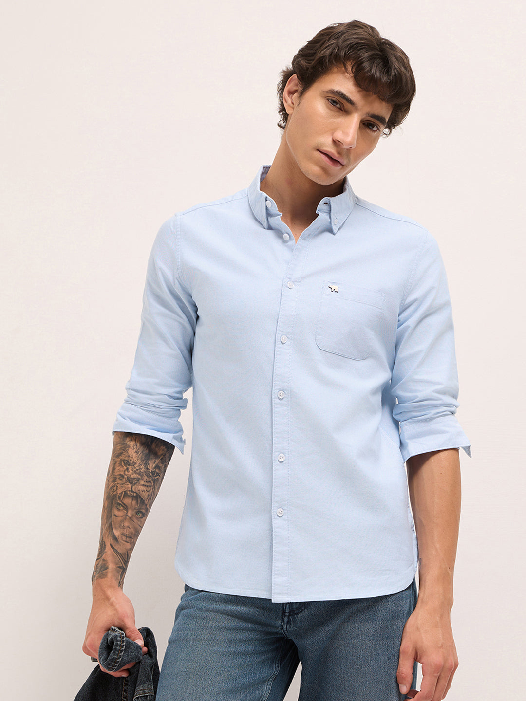 Light Blue Cotton Solid Slim Fit Casual Shirt by The Bear House